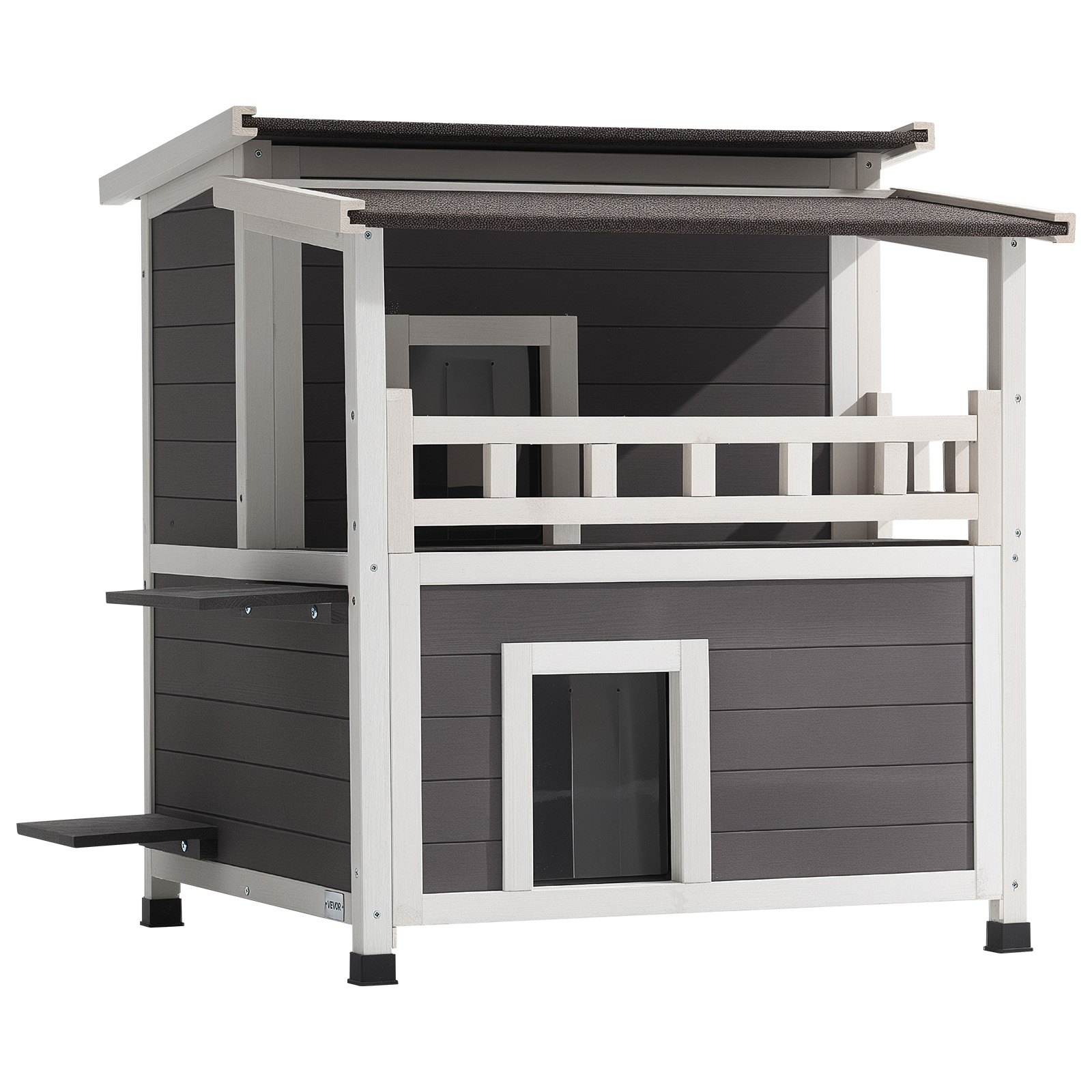Casa para gatos aislada de madera de 2 pisos, con balcón, impermeable, 33x29.5x32 pulgadas