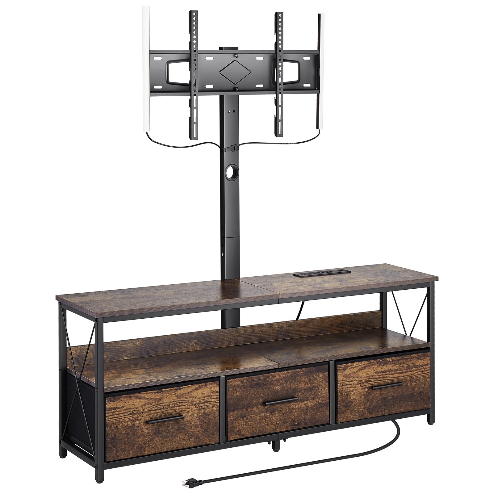 52' TV Stand With Mount For Up To 75 In TVs, Entertainment Center With Power Outlet & LED Lights, Height Adjustable TV Console With Mount With 3 Drawers For Bedroom, Living Room, Brown