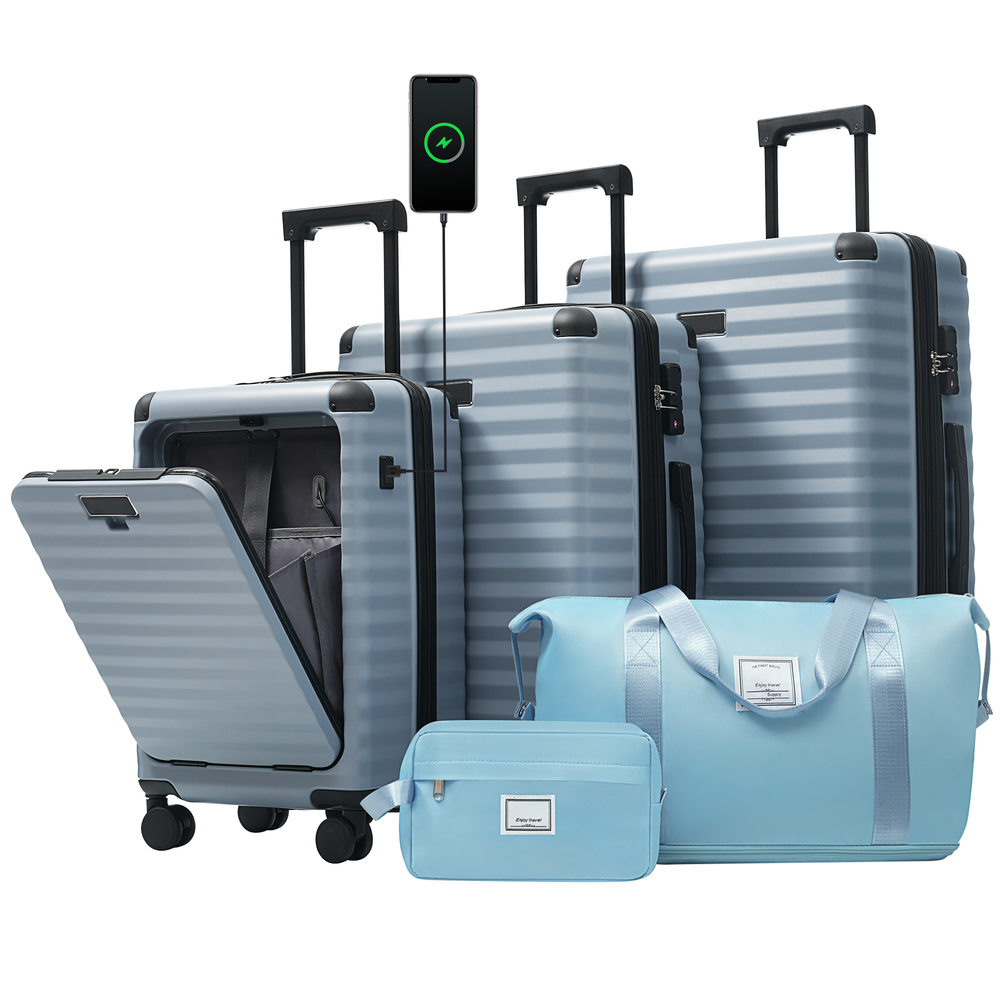 Luggage Sets 5 Piece With Front Opening , Hardside Expandable Carry On Suitcase With Spinner Wheels TSA Lock USB Port  Cup Holder Duffel Bag And Toiletry Bag