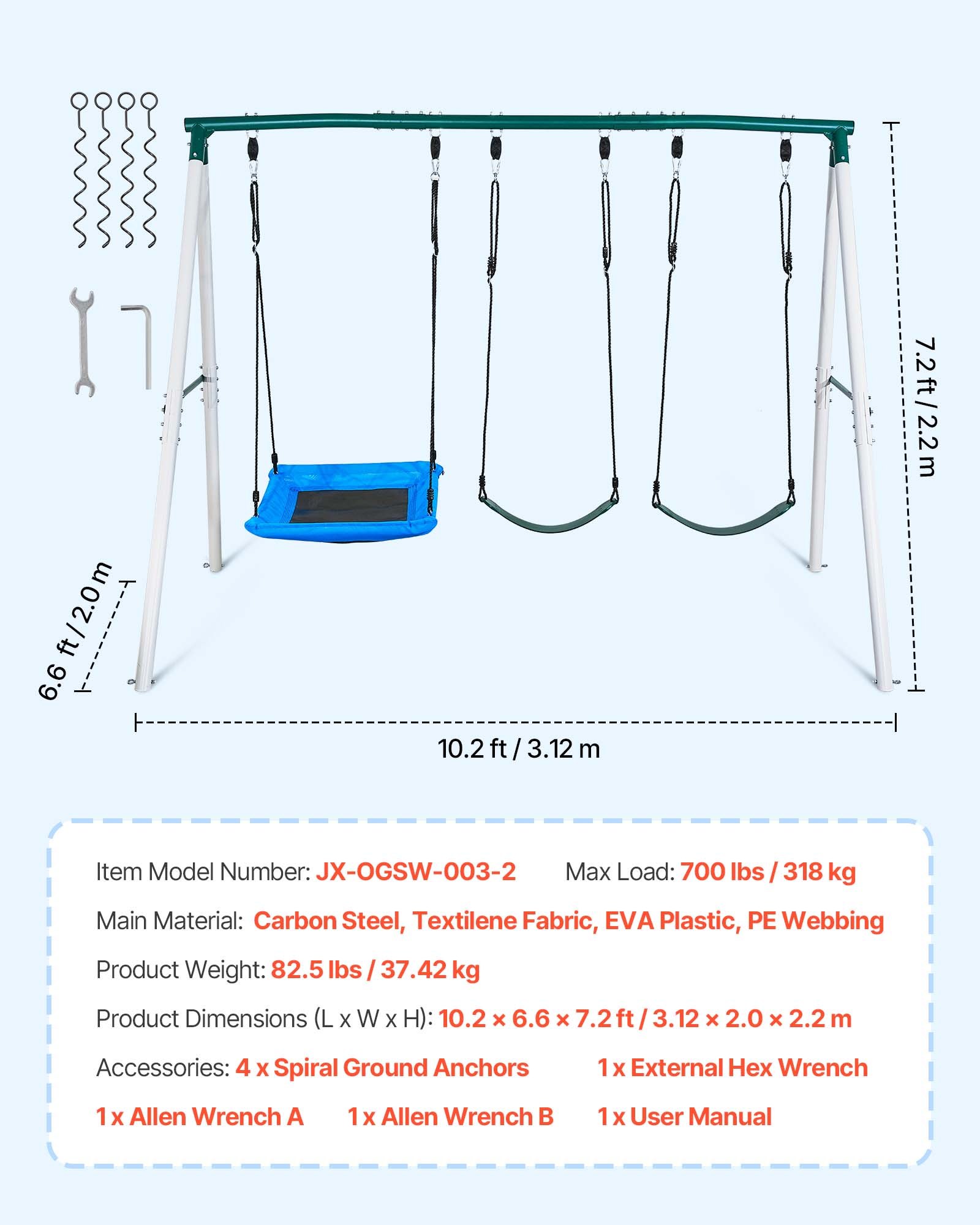Swing Set For Backyard, 45 X 30 In Swing Seat And Two Belt Seats, With Heavy Duty A-Frame Metal Stand, 700 Lbs Load Capacity, Reinforced With Spiral Ground Anchors, Swingset Outdoor For Kids
