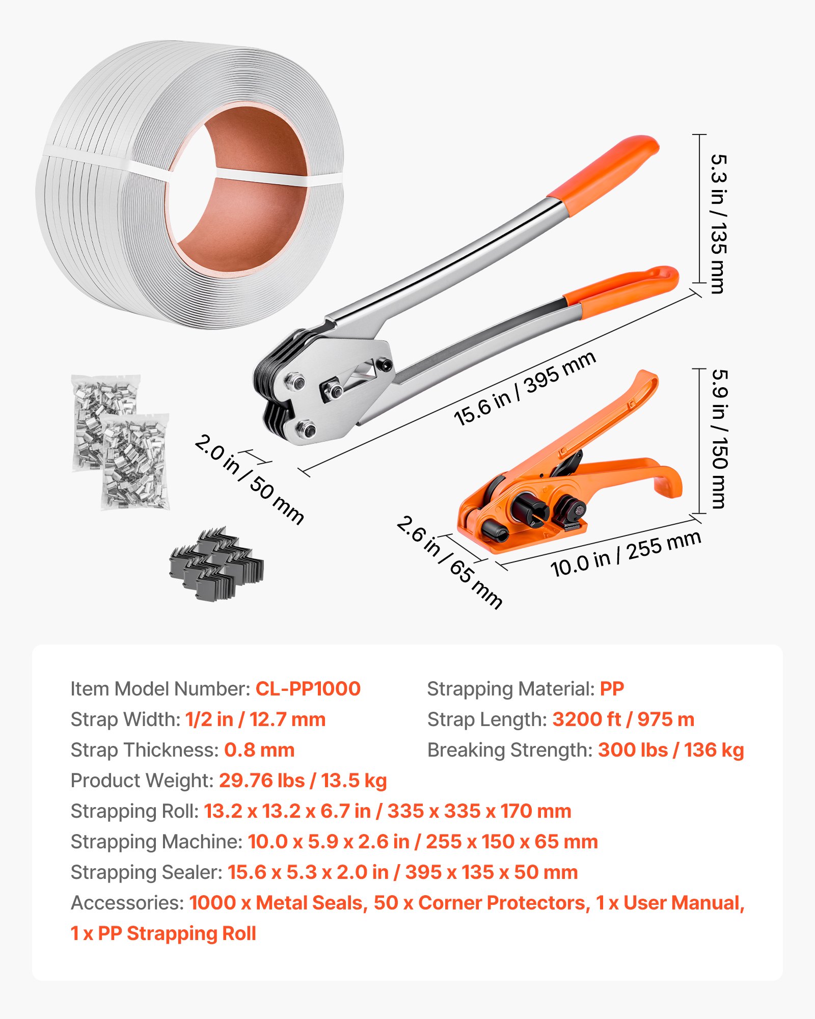 Banding Strapping Kit, Heavy Duty Banding Sealer Tool With 3200 Ft Length PP Band, 1000 Metal Seals, 50 Corner Protectors, Plastic Pallet Packaging Strapping Kit For Warehouse/Shipping/Moving