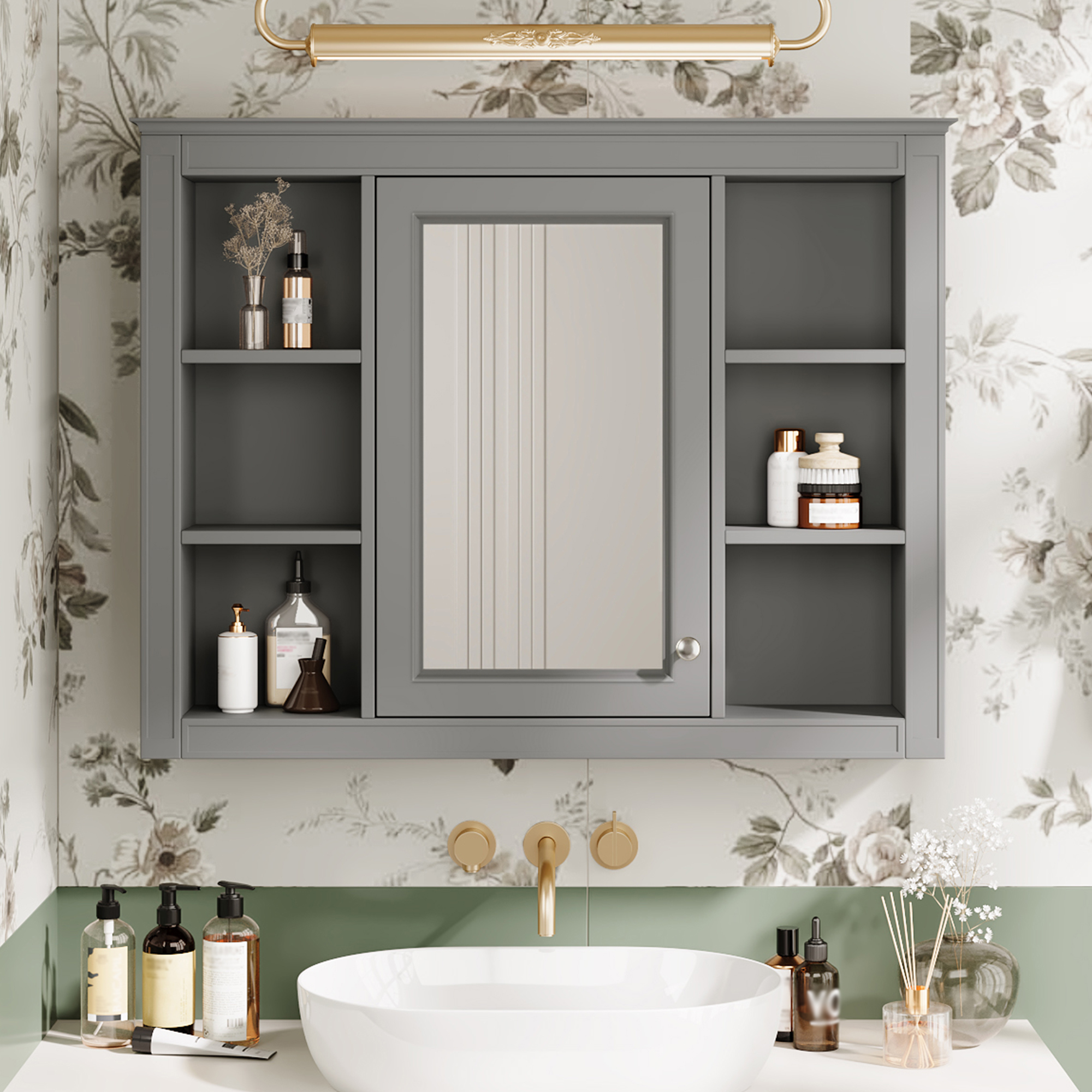 Gabinete de baño moderno de 35 x 27.5 pulgadas con espejo y 6 estantes