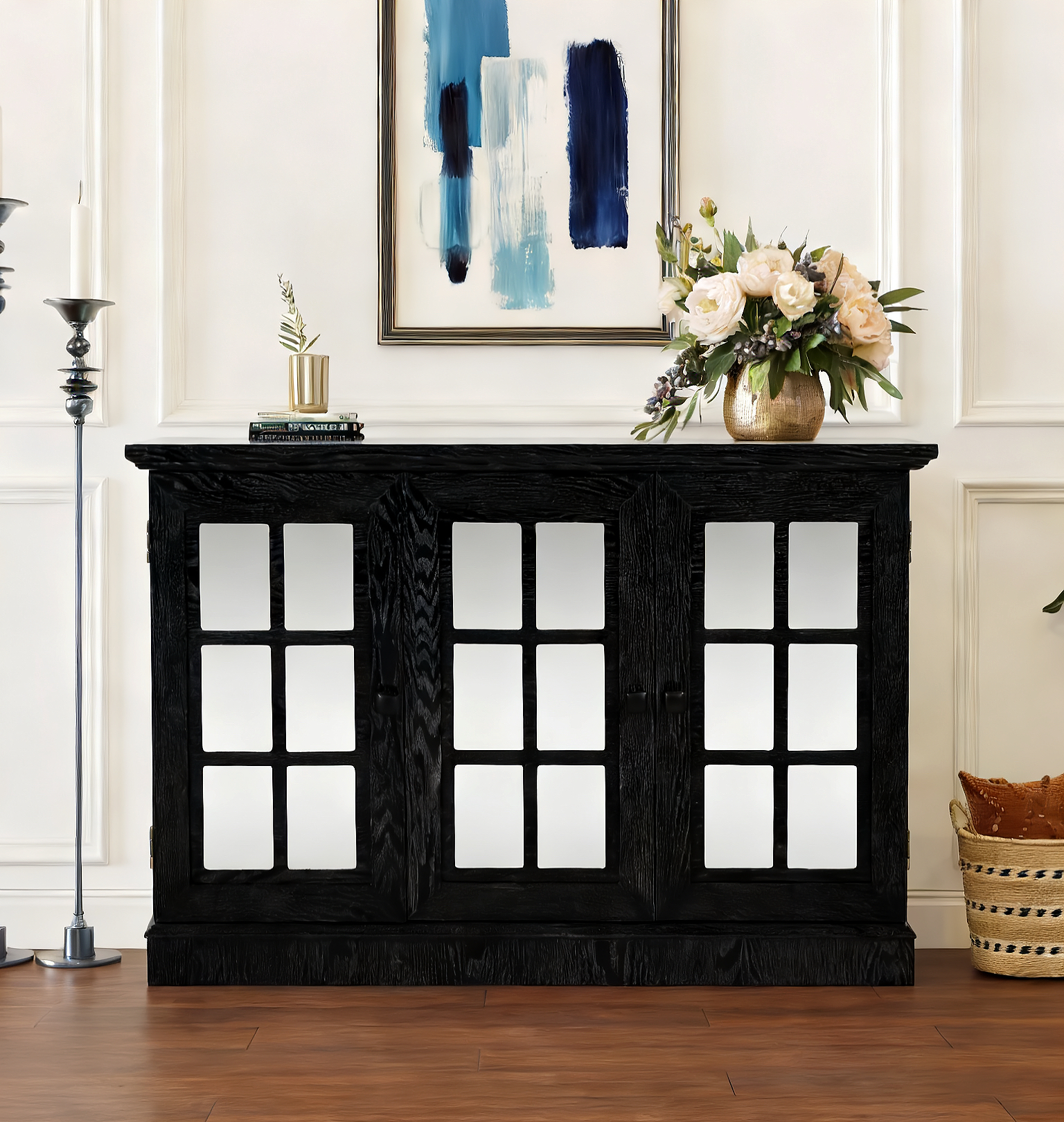 45 W Storage Cabinet With 3 Mirrored Acrylic Doors, Sideboard With Adjustable Shelves For Living Room Dinning Room Kitchen, Black Decorative Laminates And MDF Substrate Buffet With Magnetic Door