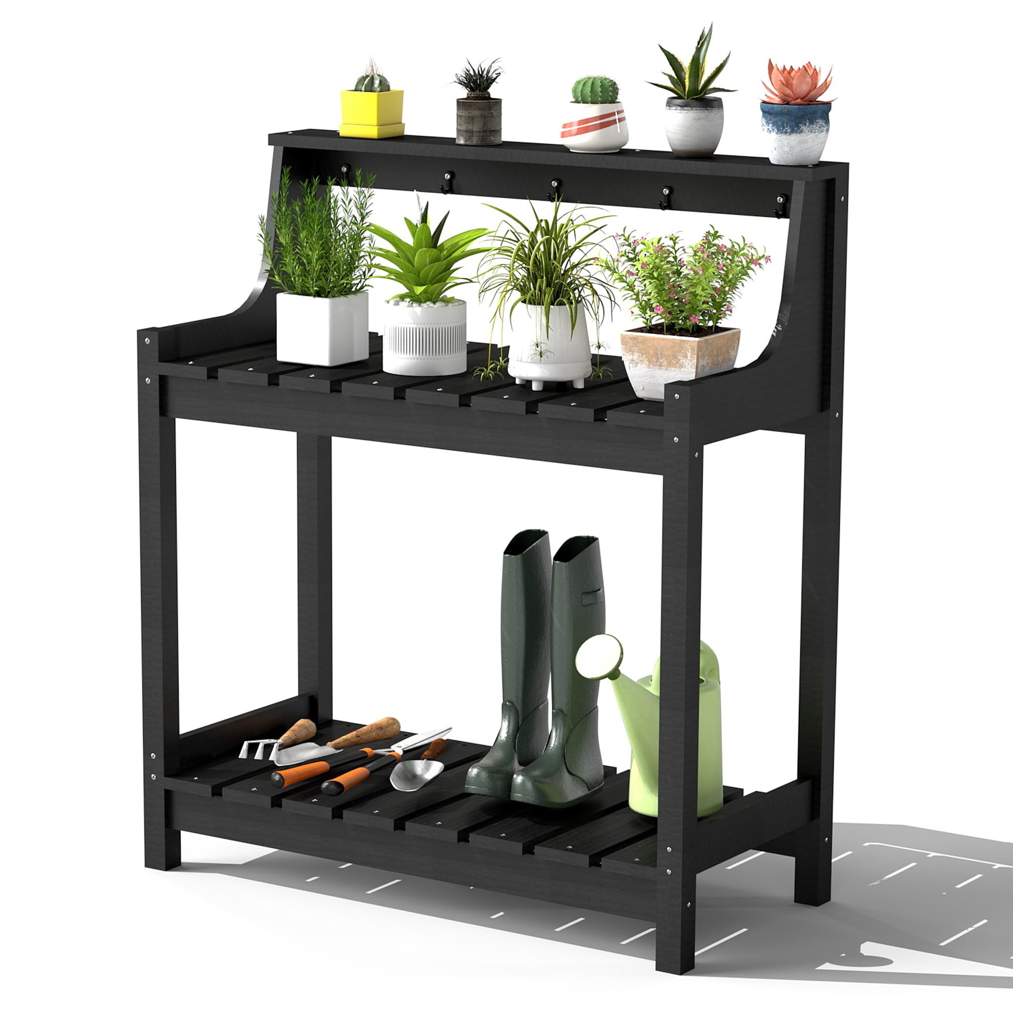 Mesa de jardinería de HDPE para exteriores con almacenamiento, negra
