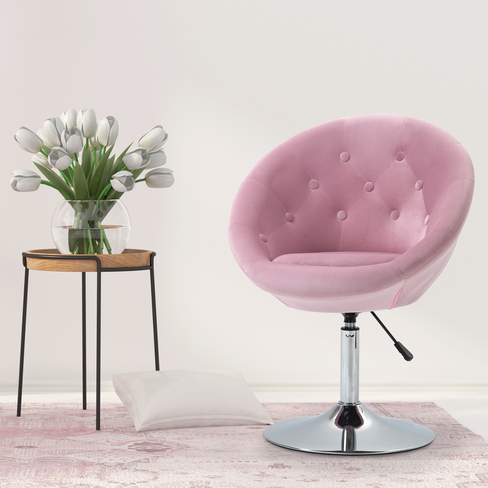 Silla de tocador moderna, redonda, giratoria, con marco cromado, altura ajustable, rosa