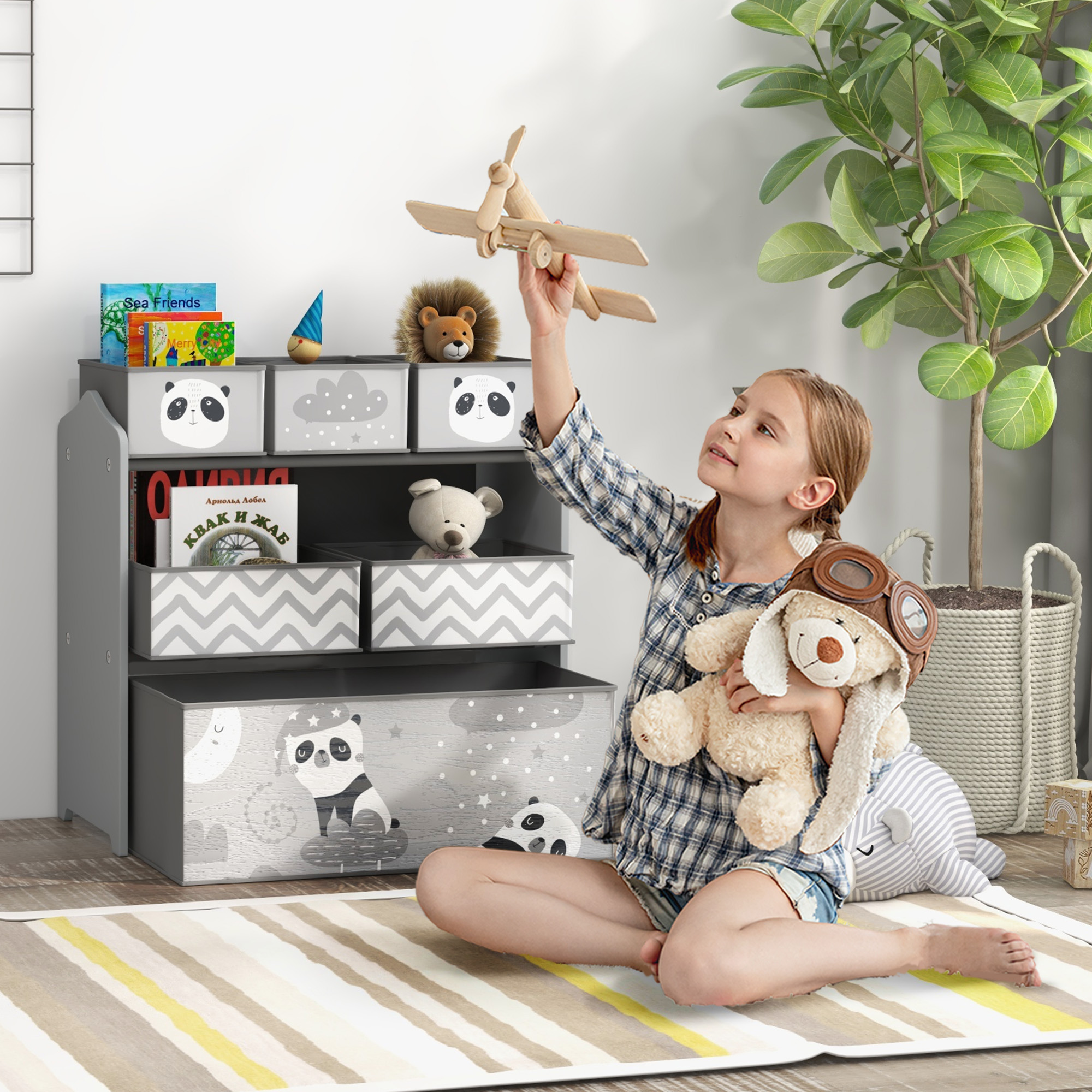 Organizador de juguetes con 6 cubos, 25 x 12 x 26 pulgadas, gris.
