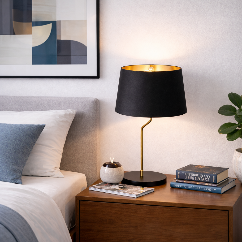 Lámpara de escritorio pequeña, moderna y elegante, exterior negro e interior dorado.