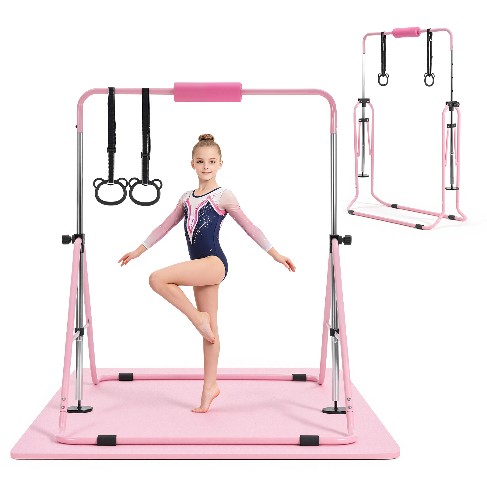 Barras de gimnasia plegables para niños, 140 libras, altura ajustable, rosa