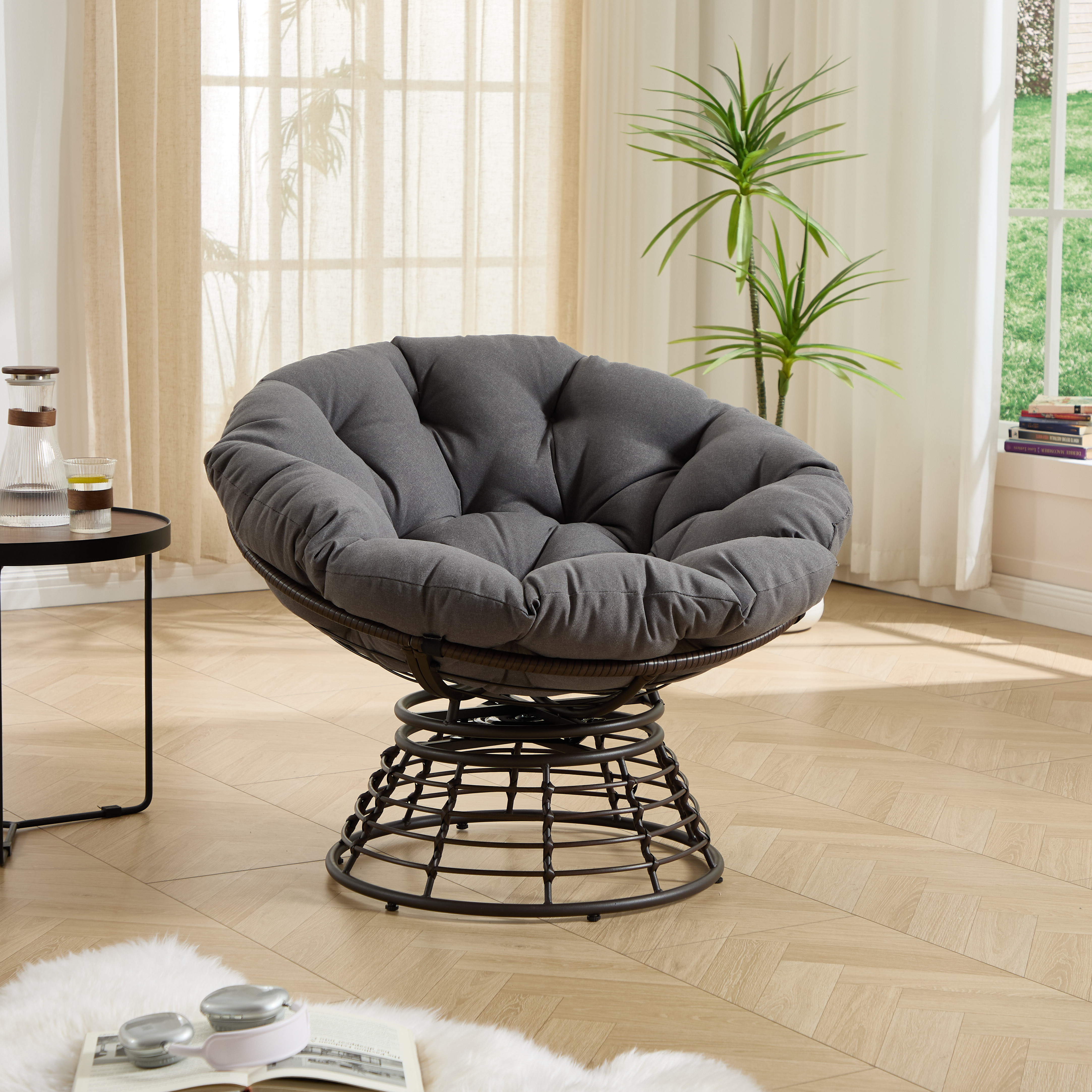 Comfortable Ergonomic Wicker Papasan Chair, 360 Swivel Indoor Outdoor Rattan Chair With Soft Thick Cushion, Ideal For Living Room, Bedroom, Reading Room, Brown Frame With Grey Cushion