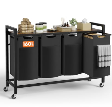 Laundry Hamper With 4 Pull-Out Removable Laundry Bags Clothing Sorter With Shelf And Wheels