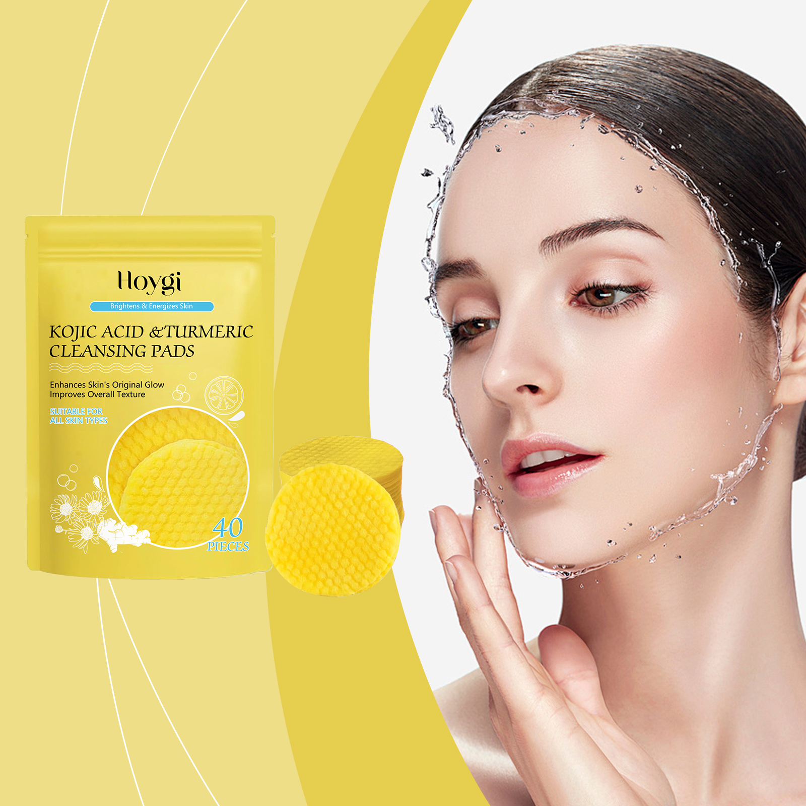 Hoygi Almohadilla limpiadora facial con cúrcuma y ácido, desmaquillante y exfoliante suave