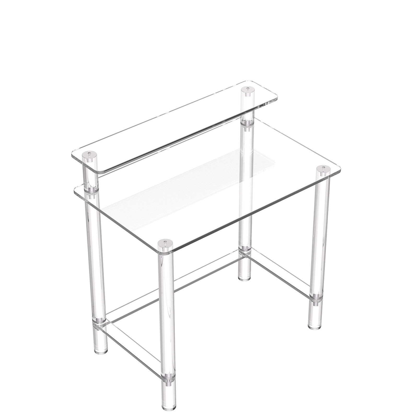 Mesa de acrílico de 2 niveles, transparente, 19.7 x 31.5 x 34.7 pulgadas, con soporte.