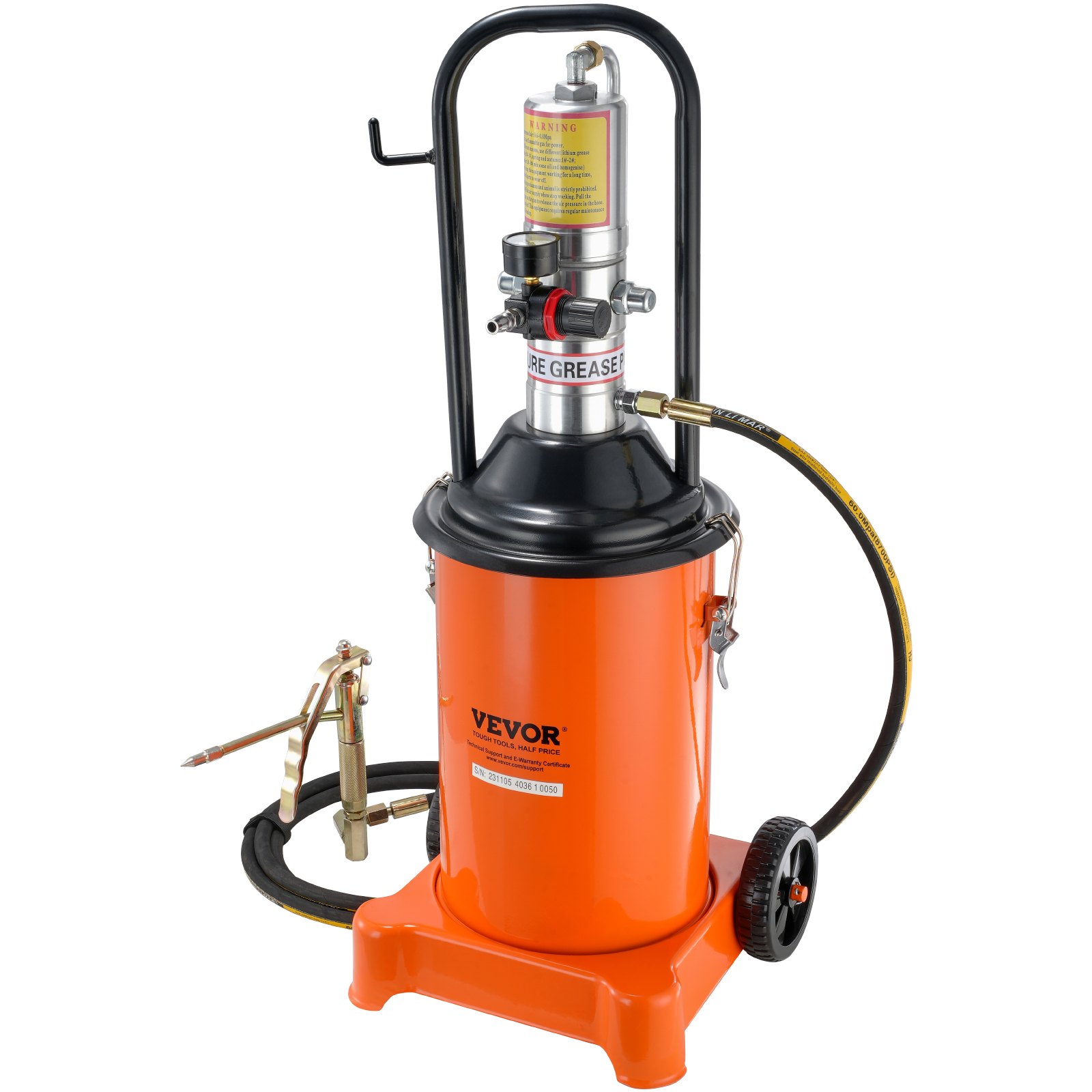 Grease Pump, 3 Gallon 12L, Air Operated Grease Pump With 13 Ft High Pressure Hose And Grease Gun, Pneumatic Grease Bucket Pump With Wheels, Portable Lubrication Grease Pump 50:1 Pressure Ratio