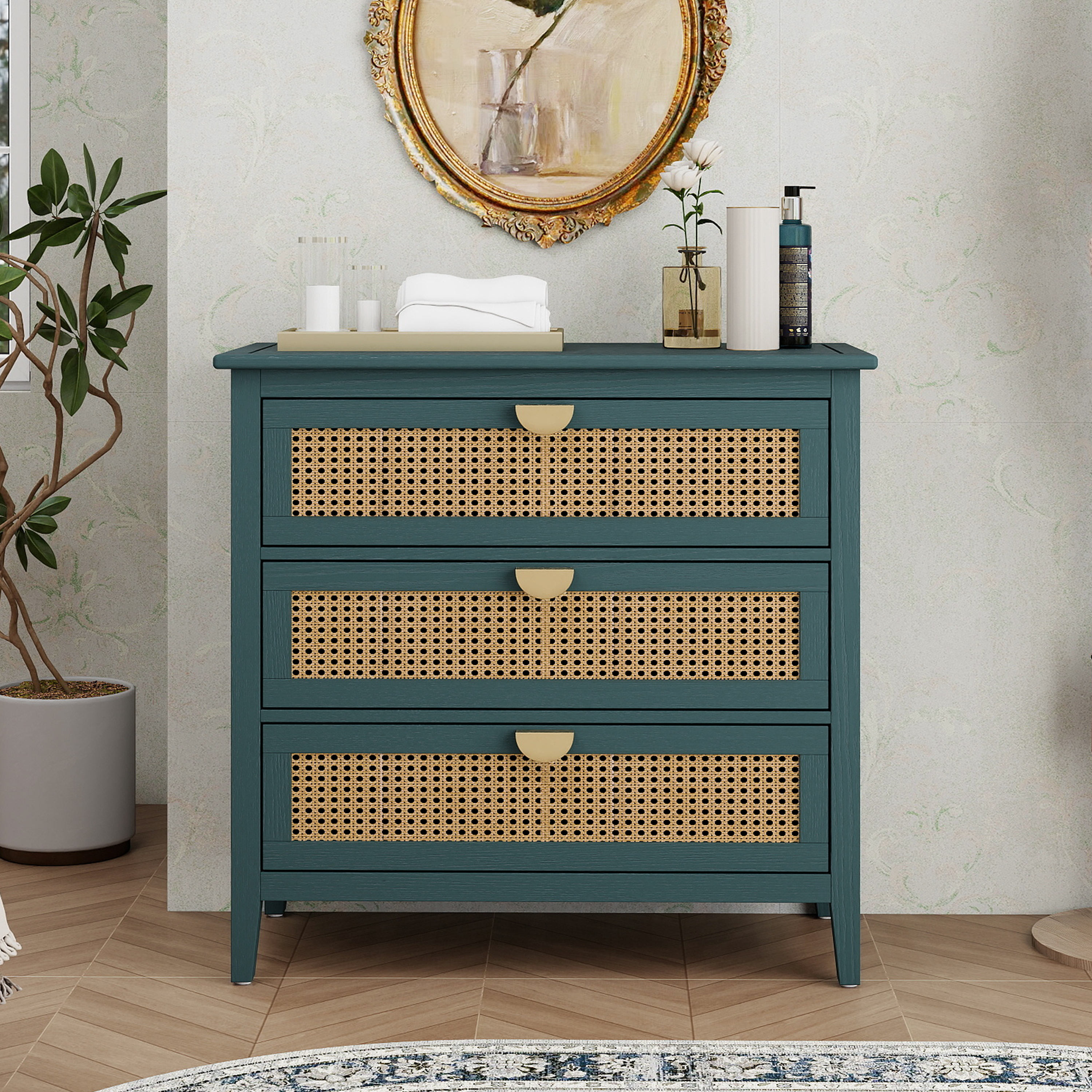 3 Drawer Cabinet,Natural Rattan,American Furniture,Suitable For Bedroom, Living Room, Study