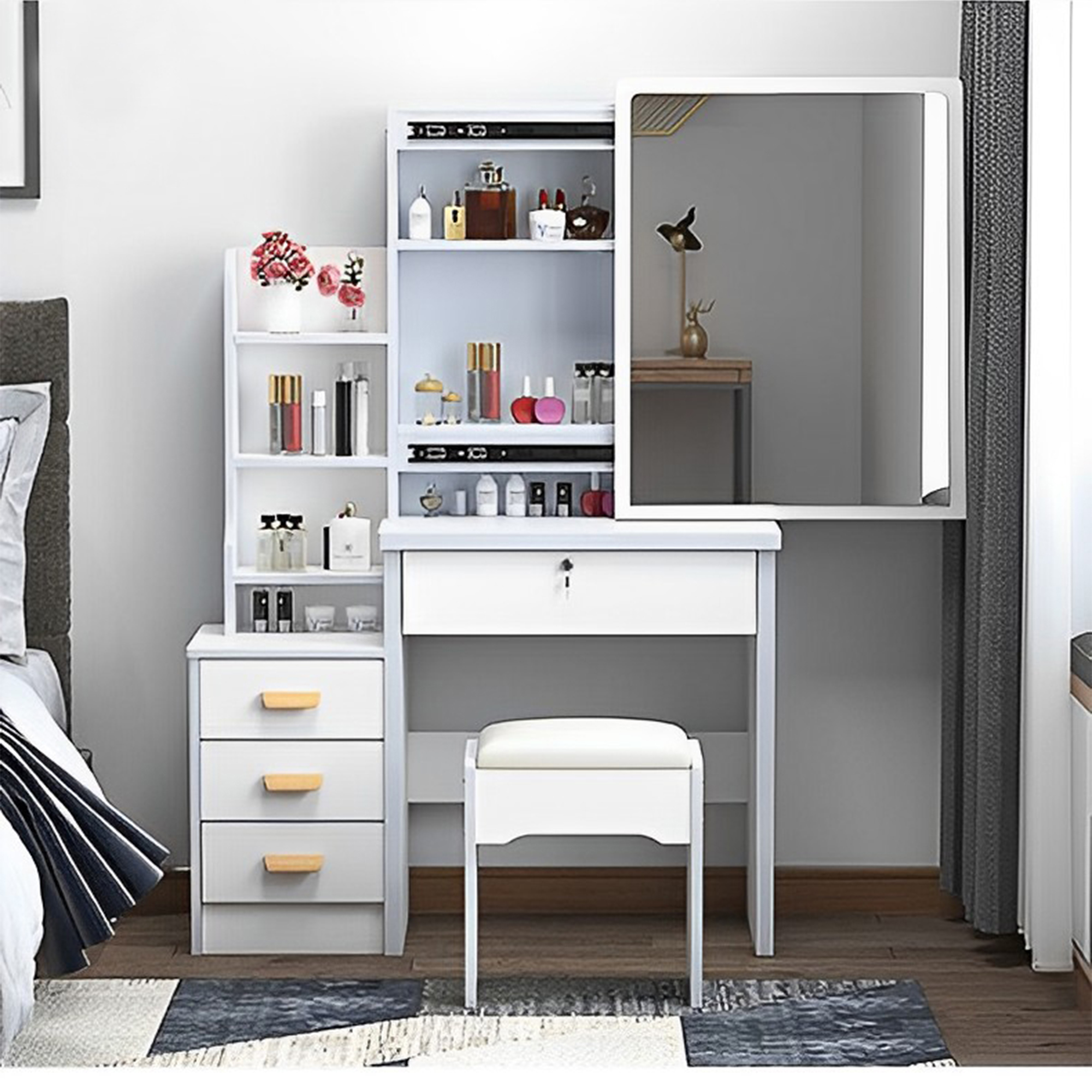 Fashion Vanity Desk With Mirror And Lights For Makeup And Chair, Vanity Mirror With Lights And Table Set With 3 Color Lighting Brightness Adjustable, 4 Drawers, White Color