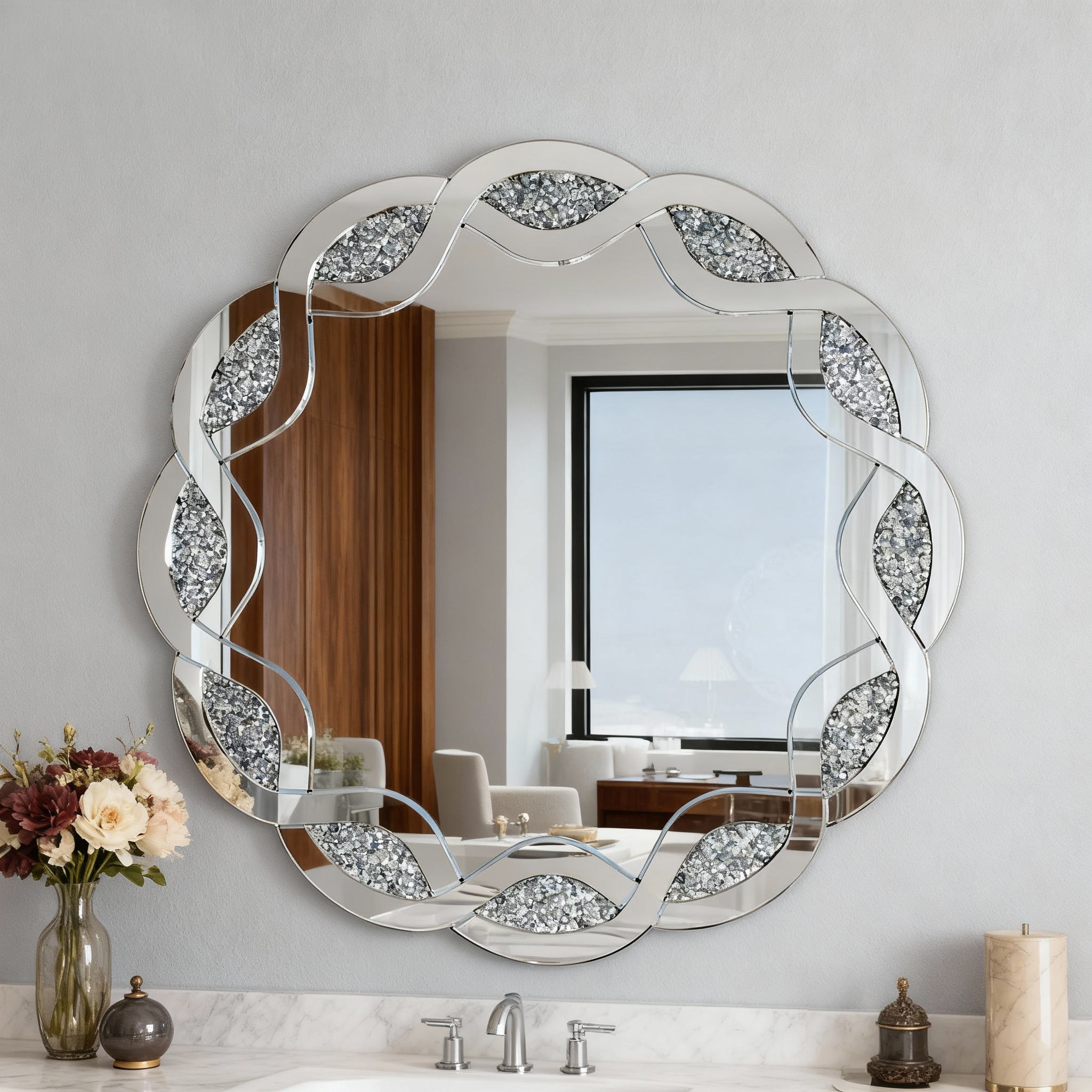Silver Crush Diamond Round Wall Mirror, 31.5 Inch Wave Frame Decorative Mirror For Living Room, Bathroom, Bedroom, Hallway, Heavy Duty Frame With 2 Hangers