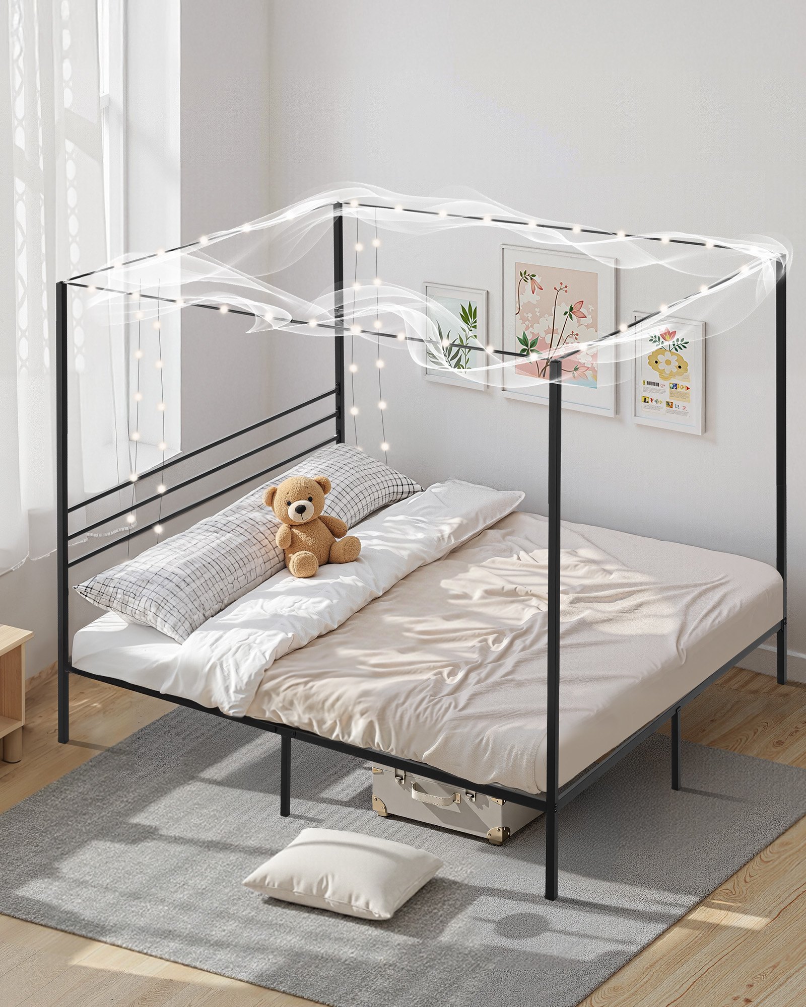 Base de cama con dosel tamaño King, de metal, con cuatro postes, soporte de acero, negro