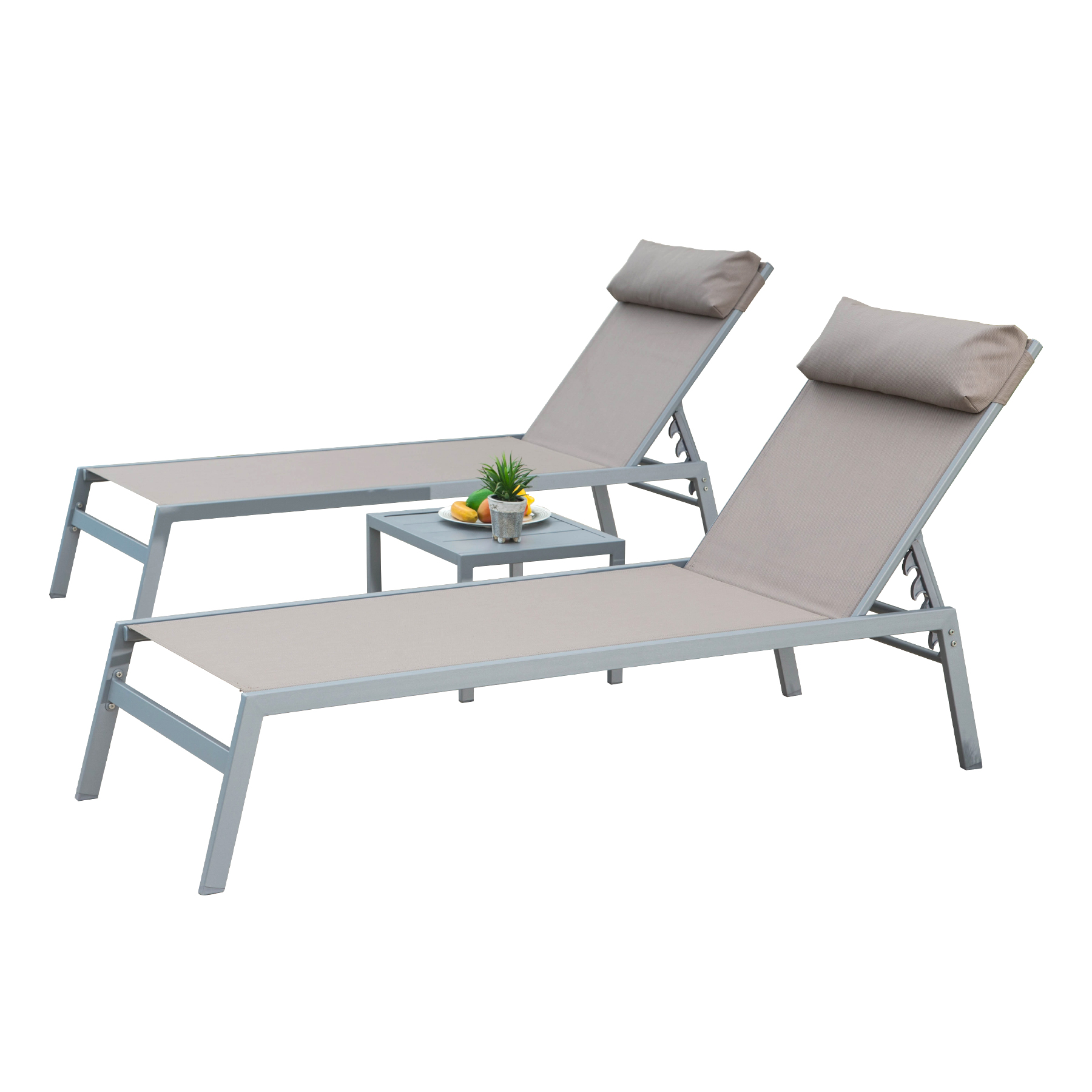 Set de 3 tumbonas reclinables de aluminio para exterior, 5 posiciones ajustables, caqui