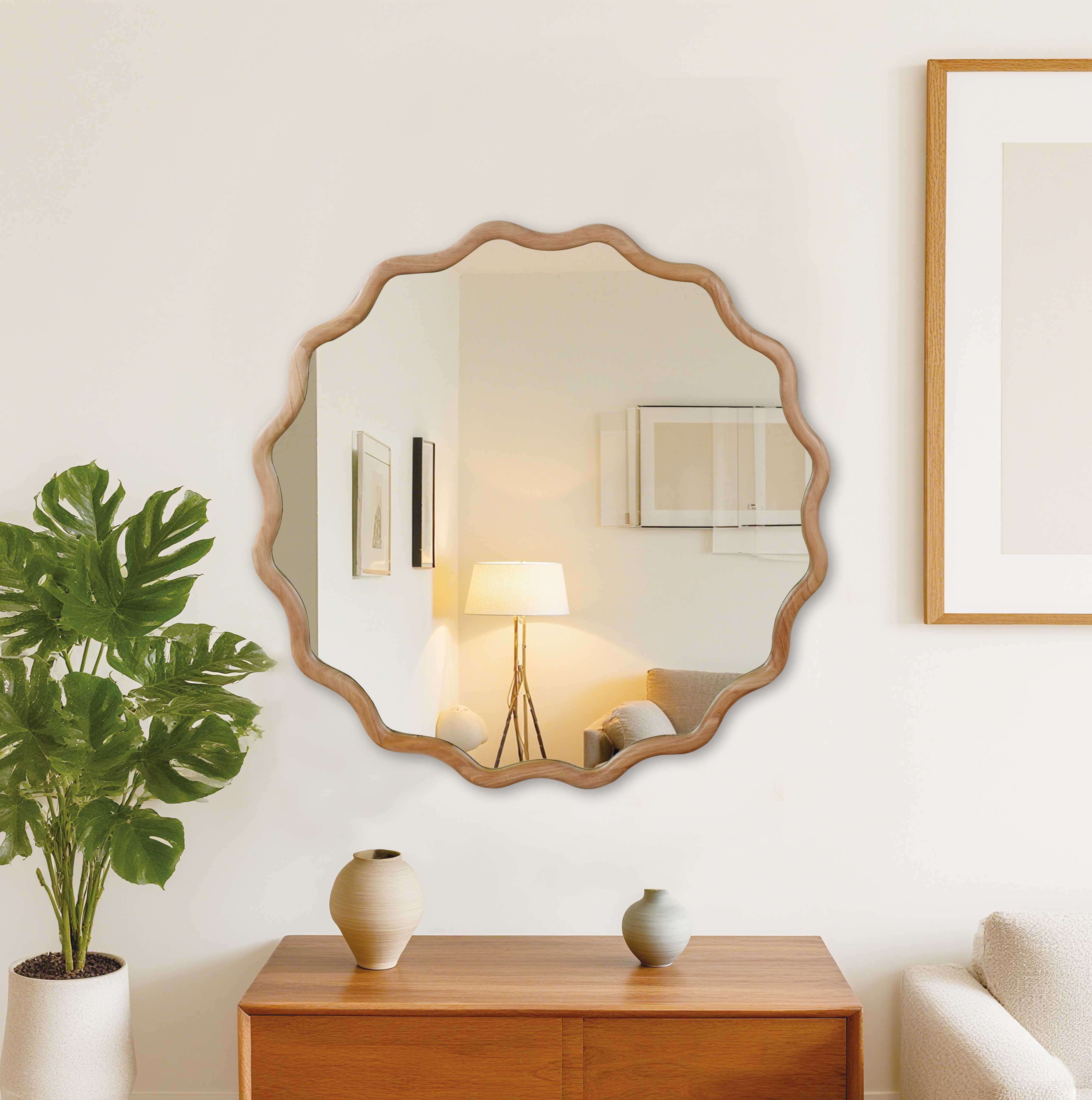 Natural Wood Color 36 Inch Wavy Round Solid Wood Frame Decorative Mirror,For Bedroom, Bathroom, Living Room, Entryway