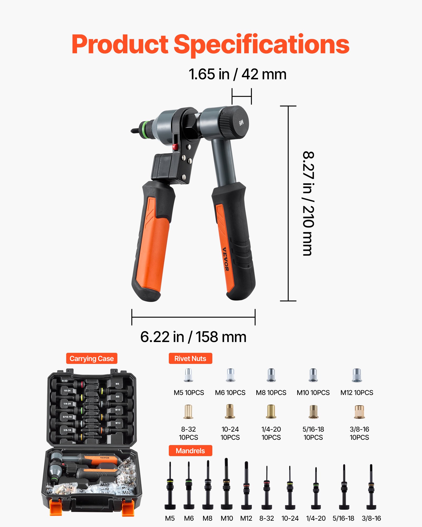Kit de herramienta para tuercas remachables de trinquete de 9 pulgadas con 10 mandriles