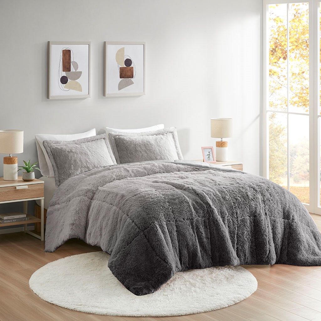 King Cal King Ombre Shaggy Long Fur Comforter Mini Set