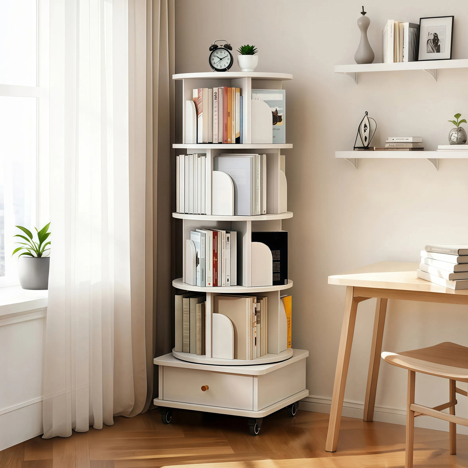 5 Tier Rotating Bookshelf,   Display Round Spinning Bookshelf With Wheels And Drawer, Space-Saving, Small Space Rotating Bookshelf Tower For Bedroom, Living Room, Home, Office, Warm White