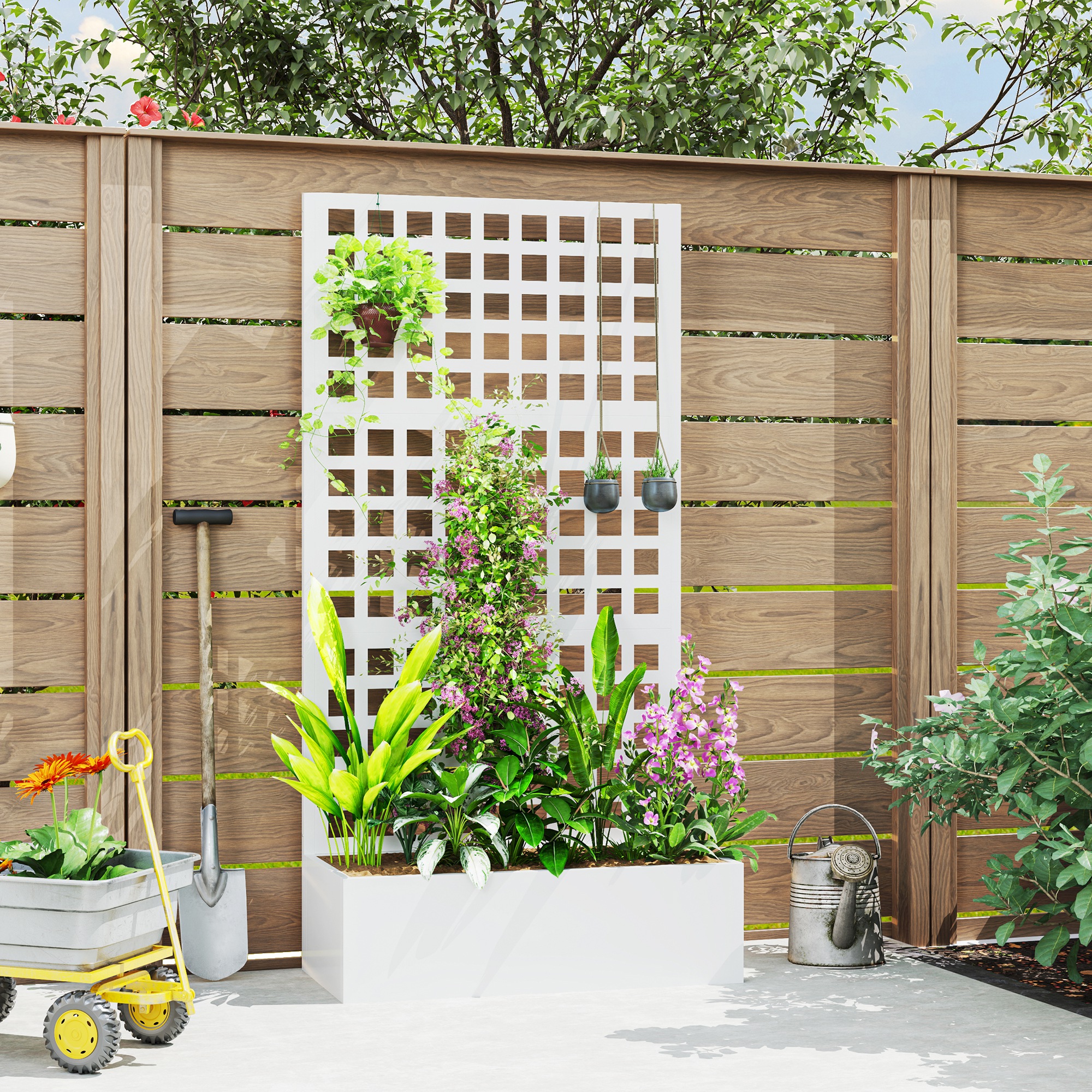 Jardinera elevada galvanizada con enrejado, 35x16x70 pulgadas, blanca.