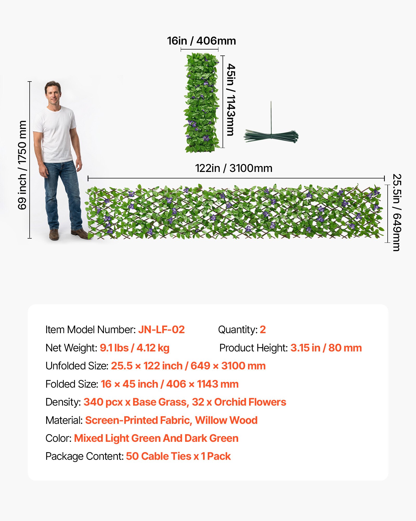 Expandable Fence Privacy Screen, 25.5 X 122 In Expand Artificial Plant Wall, Realistic Artificial Ivy Panel With 50 Zip Ties, Decorative Faux Greenery Backdrop Hedges For Balcony Patio Outdoor
