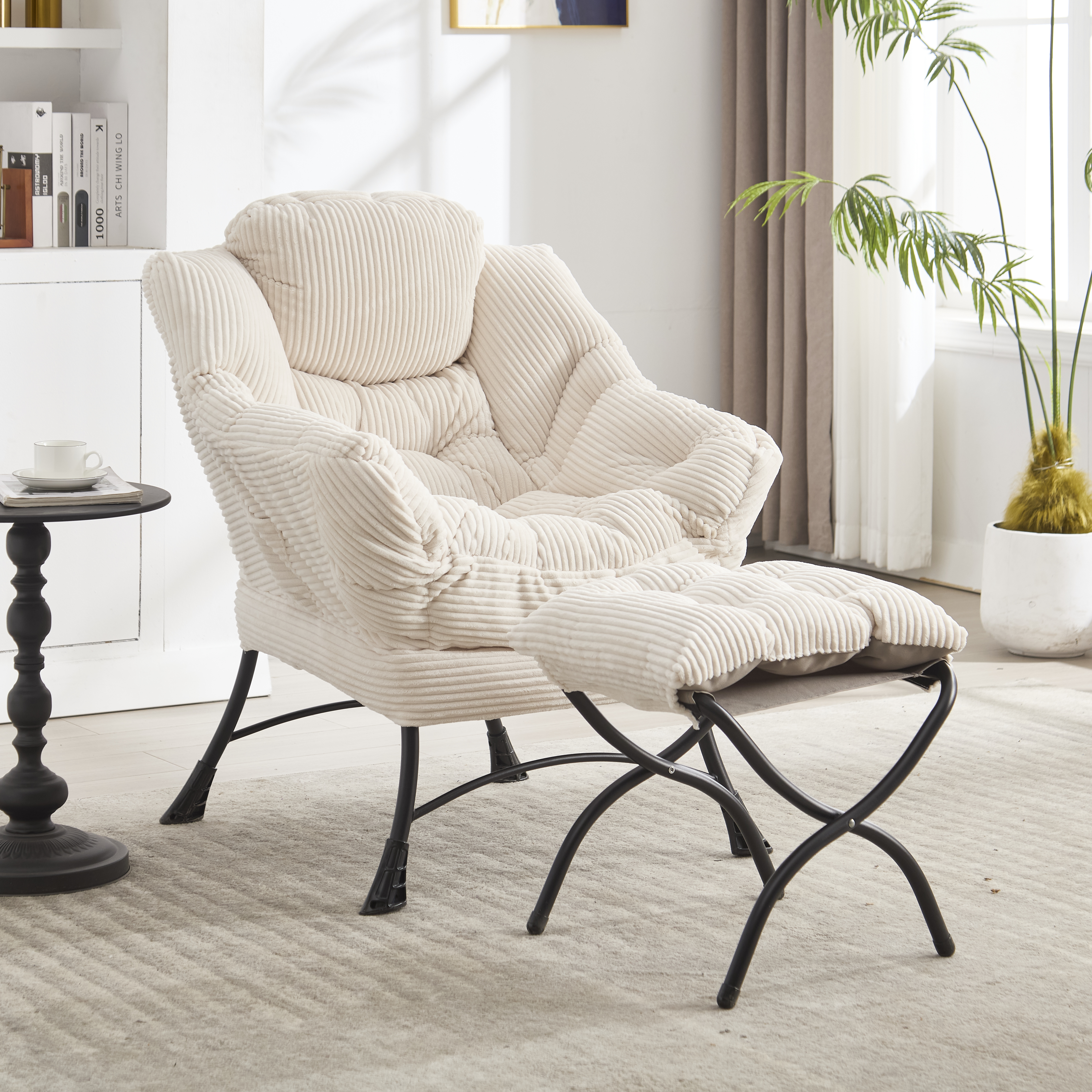 Sillón reclinable moderno con otomana, reposabrazos y bolsillo lateral, blanco