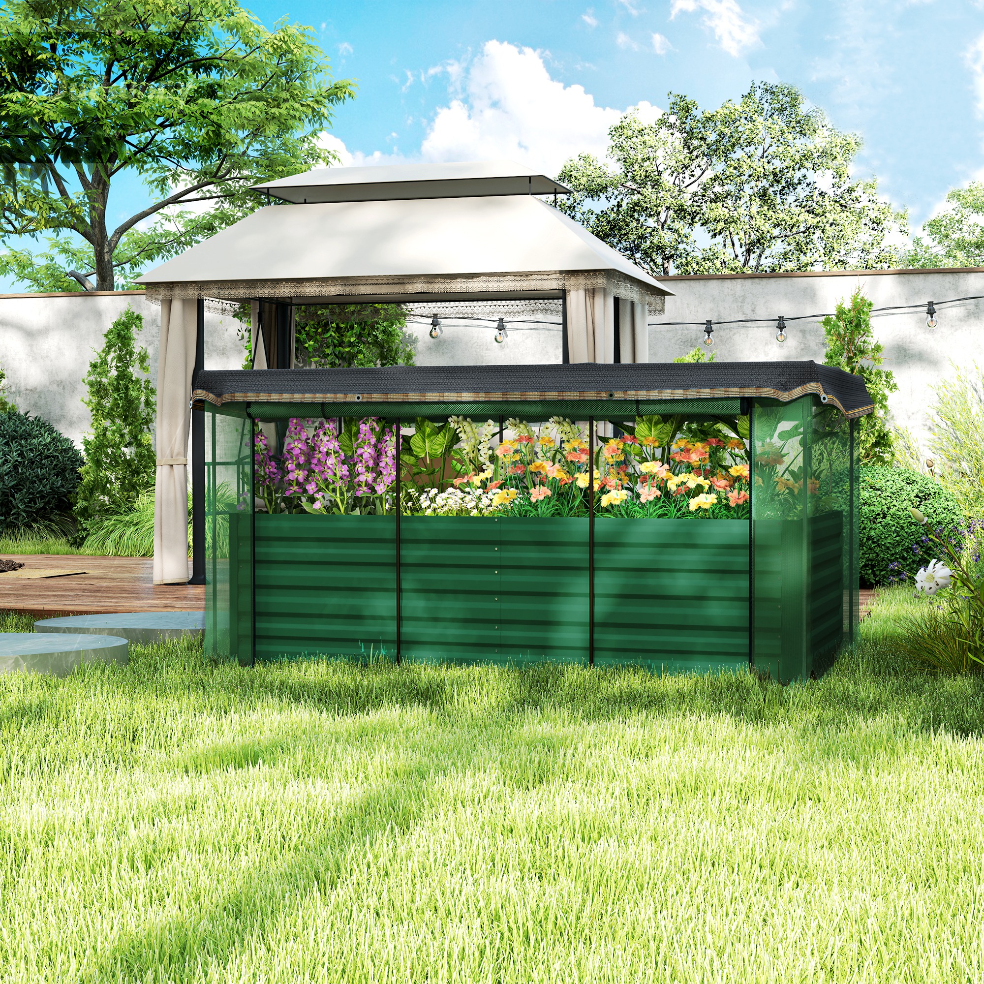 Jardinera de acero galvanizado con jaula y malla de sombra, verde