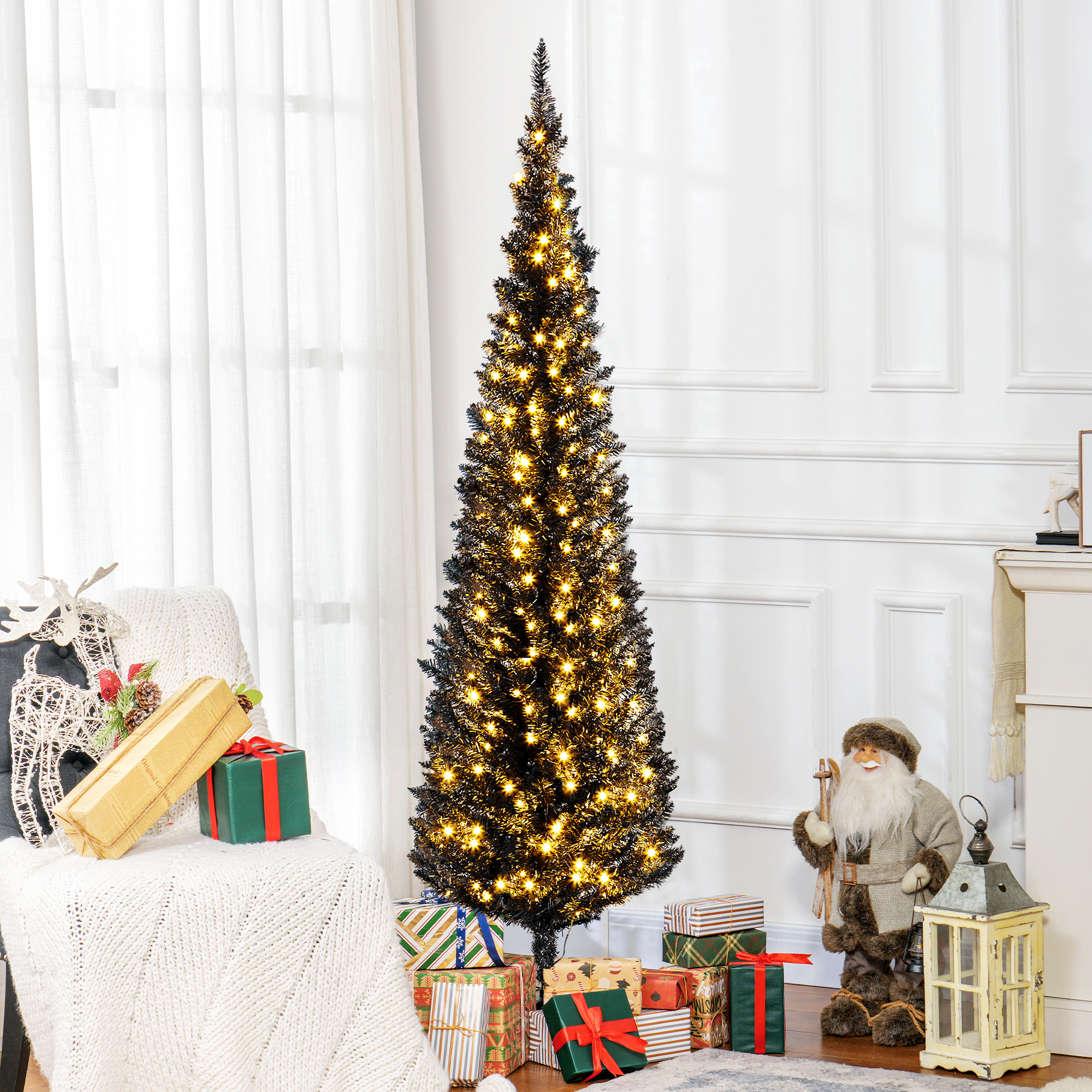 Árbol de Navidad artificial delgado de 6 pies con ramas realistas y luces LED blancas cálidas
