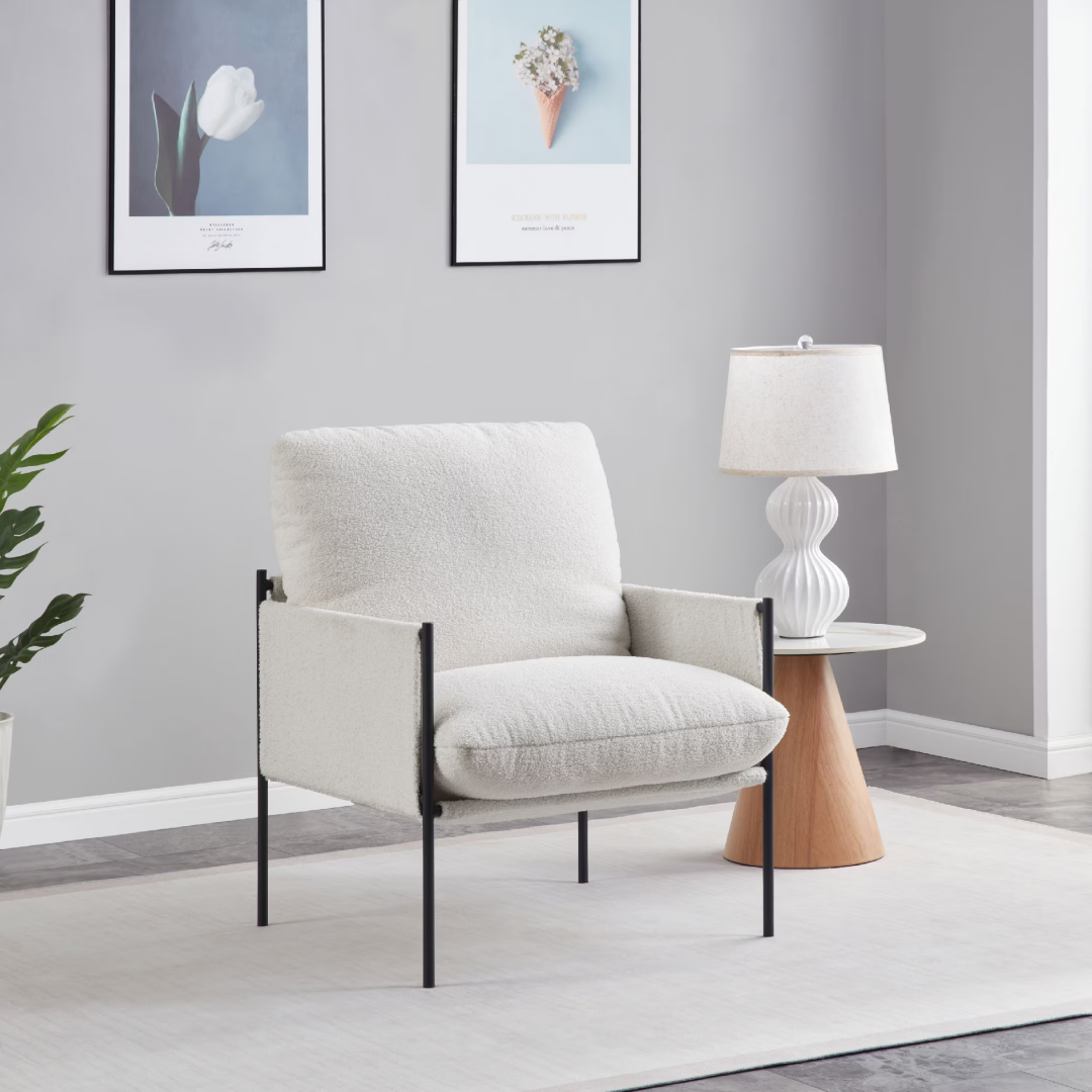 Silla decorativa moderna, cómoda, con cojín extraíble y reposabrazos de madera, blanca