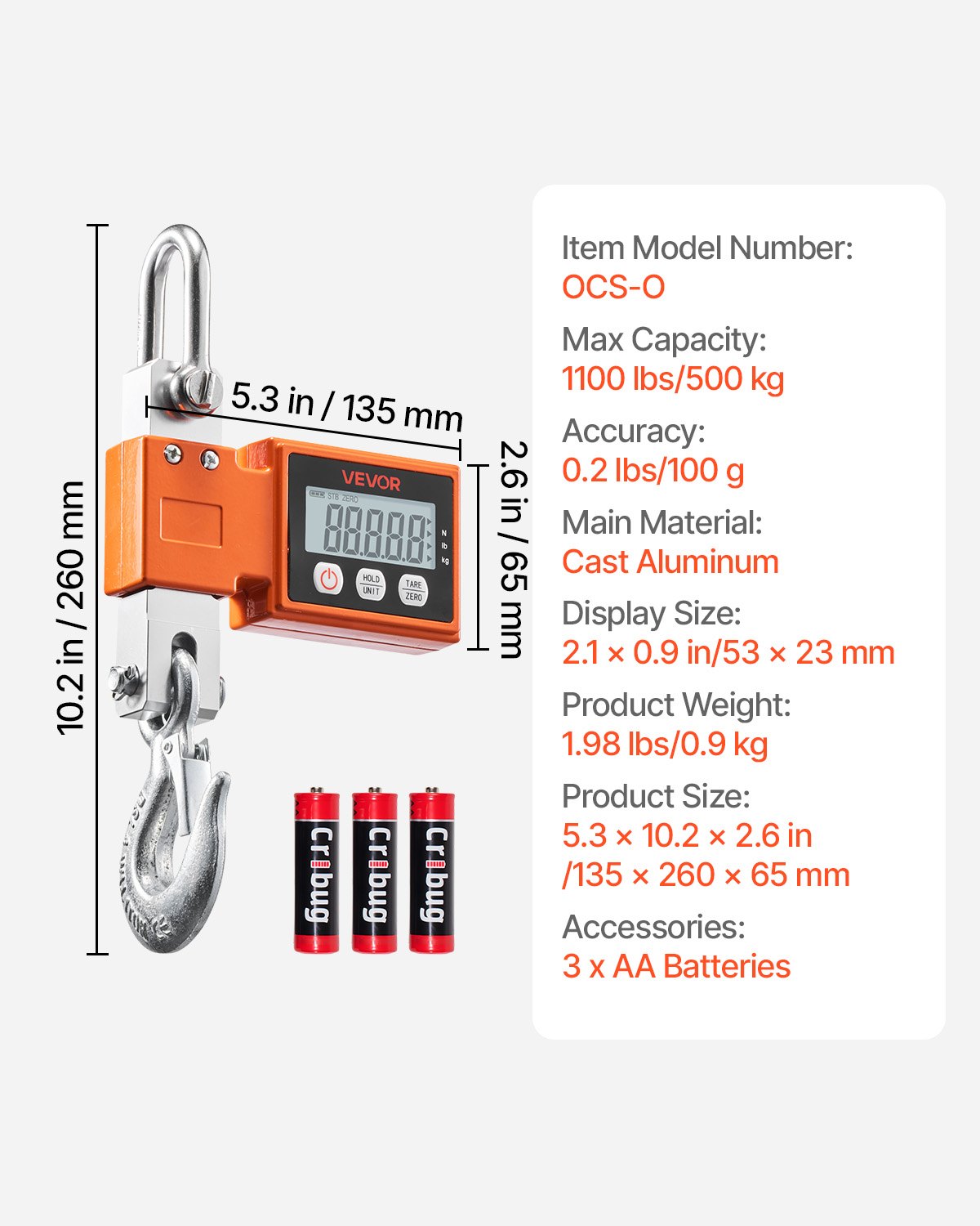 Digital Crane Scale, 1100 Lbs/500 Kg Max Capacity, Heavy Duty Industrial Hanging Scale With Cast Aluminum Case & LCD Display, 0.2 Lbs Division & 3 Unit Switch, Auto-Off Setting For Garage