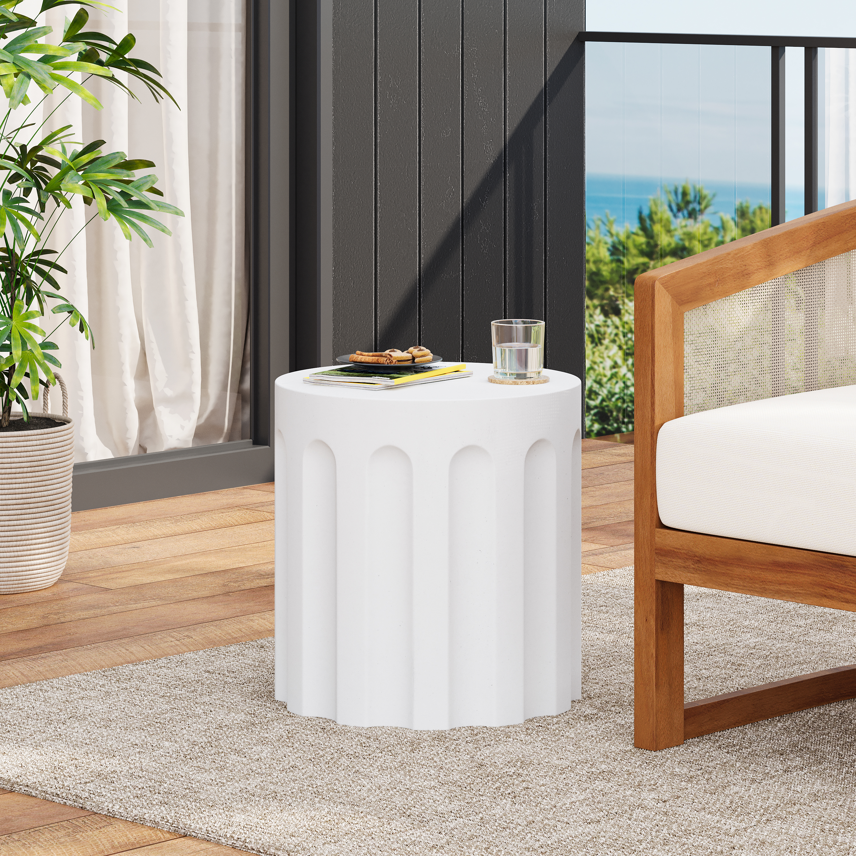 Mesa auxiliar cilíndrica de concreto blanco, para exterior e interior MGO