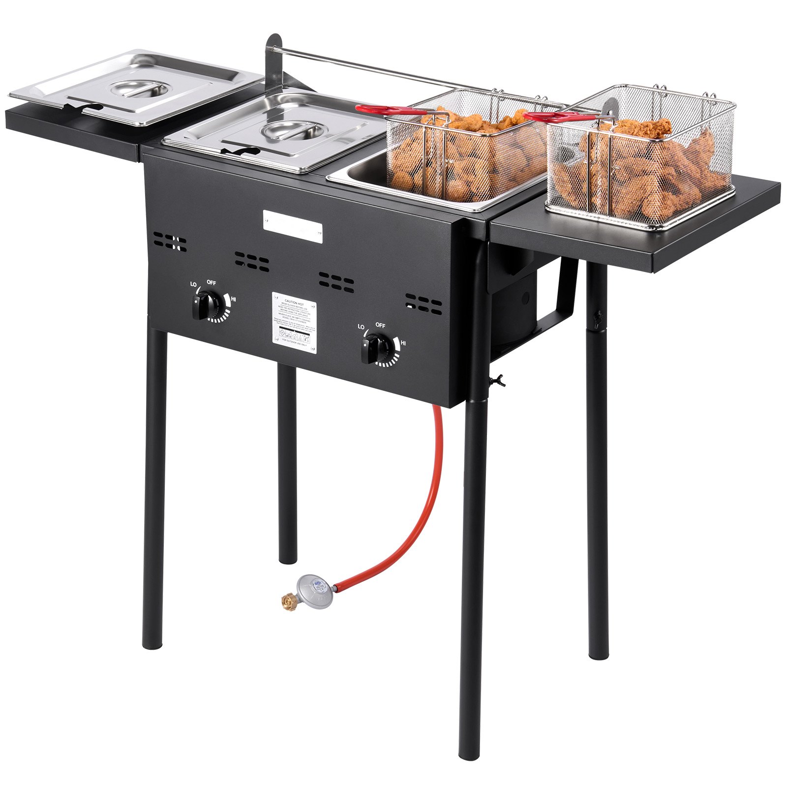 Outdoor Propane Deep Fryer, Dual-Tank 8QTx2 Commercial Fryer, Stainless Steel Cooker With Foldable Platform, Dual Basket, And Heat Adjustment, Floor Standing Fryers For Restaurant Home Snack Bar