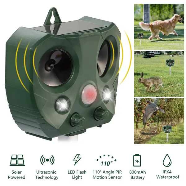 Ahuyentador ultrasónico de animales, solar, con sensor de movimiento y luces LED.