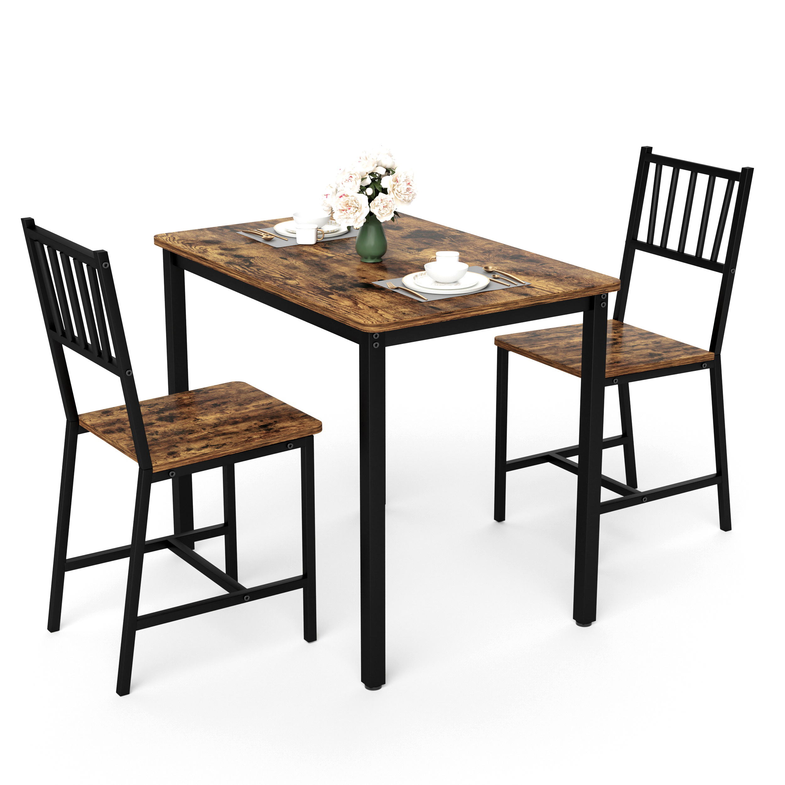 Dining Table Set, Bar Table With 2 Dining Chairs, Kitchen Table Counter With Chairs, Industrial For Kitchen Breakfast Table, Living Room, Party Room, Rustic Brown And Black,35.4inL X23.6inW X 29.7inH