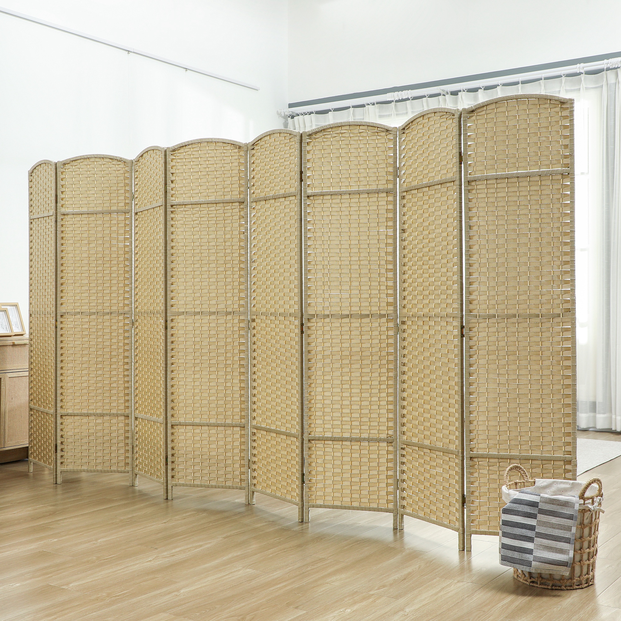 Folding Room Divider Screen 8 Panel 5.6  Tall Privacy Screen Freestanding Room Partition for Home Office, Beige