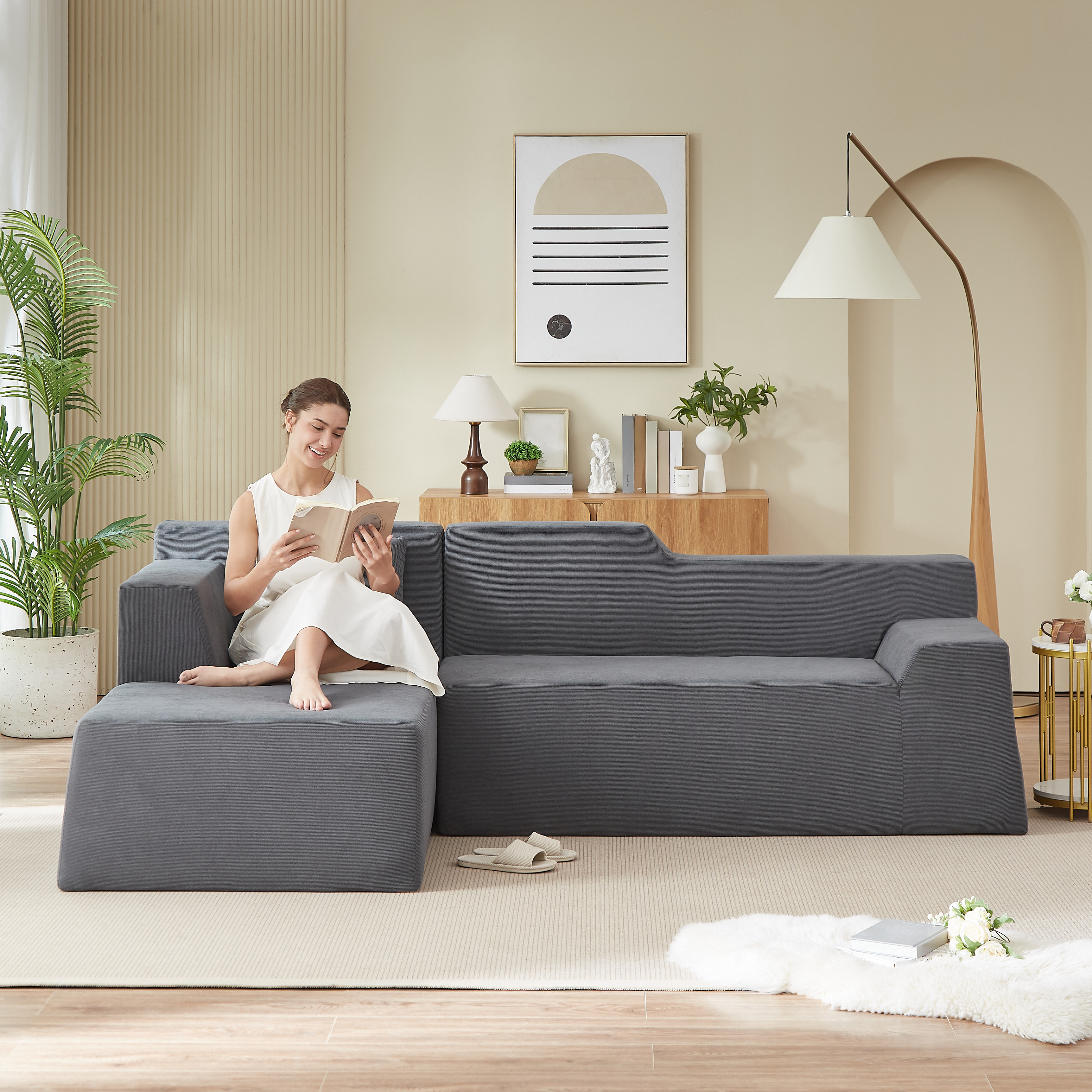 Sofá esquinero moderno minimalista de pana con respaldo alto