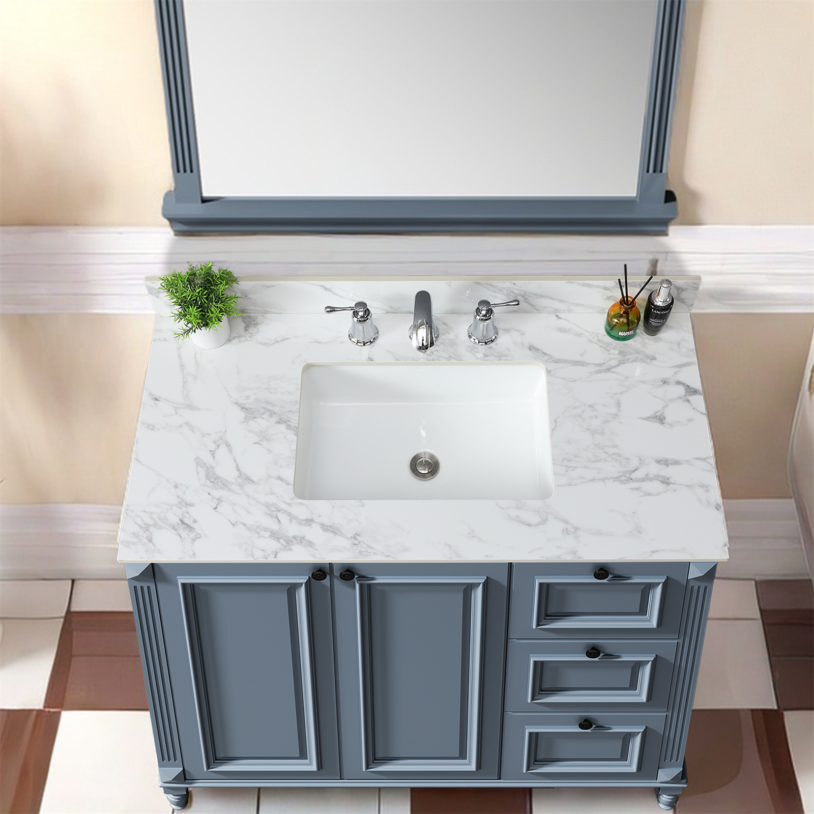 Cubierta de tocador de baño 43x22, piedra sinterizada Carra White con lavabo cerámico.