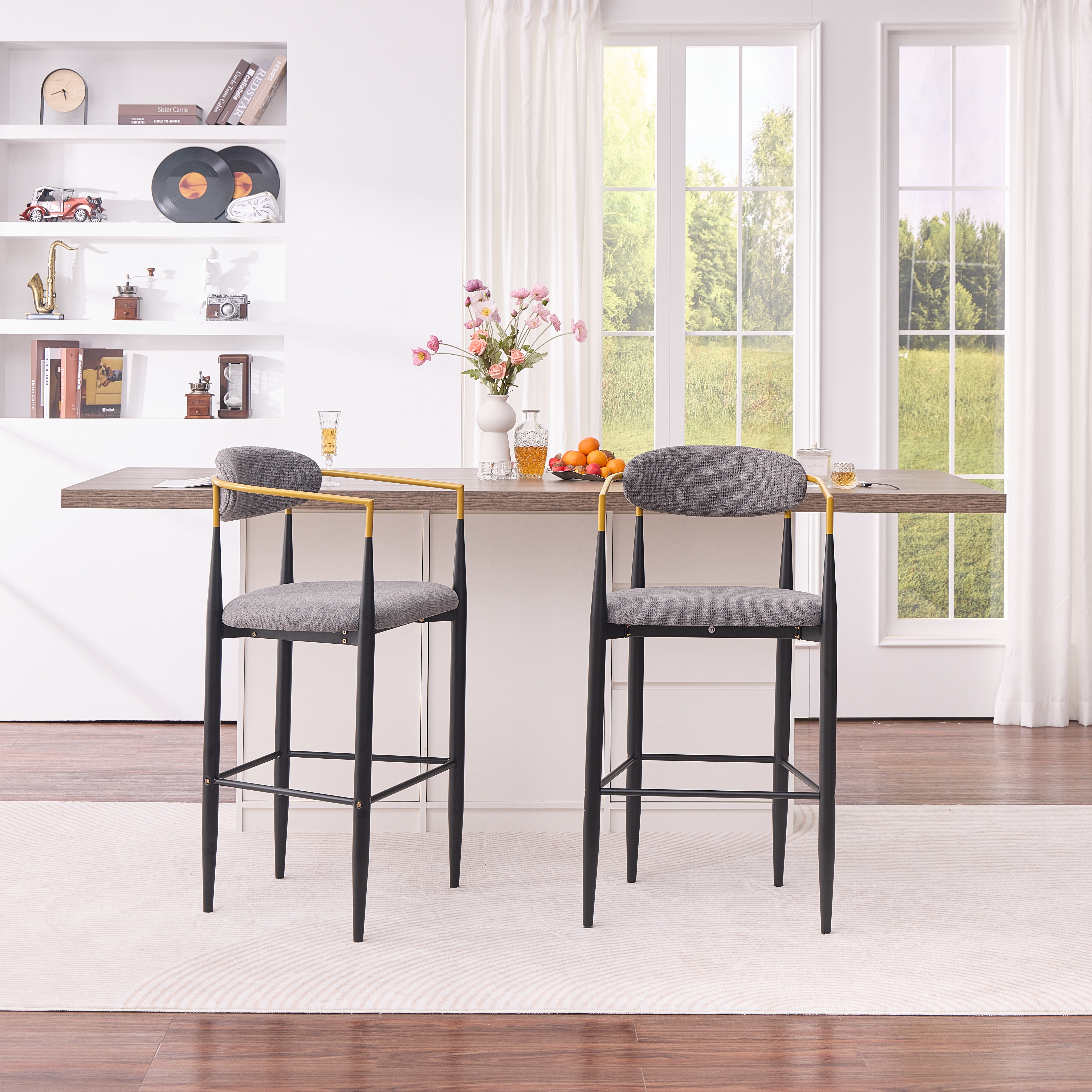 Modern Upholstered Bar Stool With Gold-Accented Armrests - 23 Seat Height,Ergonomic Design For Kitchen Island Or Dining Counter Use,Set Of 2 - Grey Fabric & Black Metal Frame