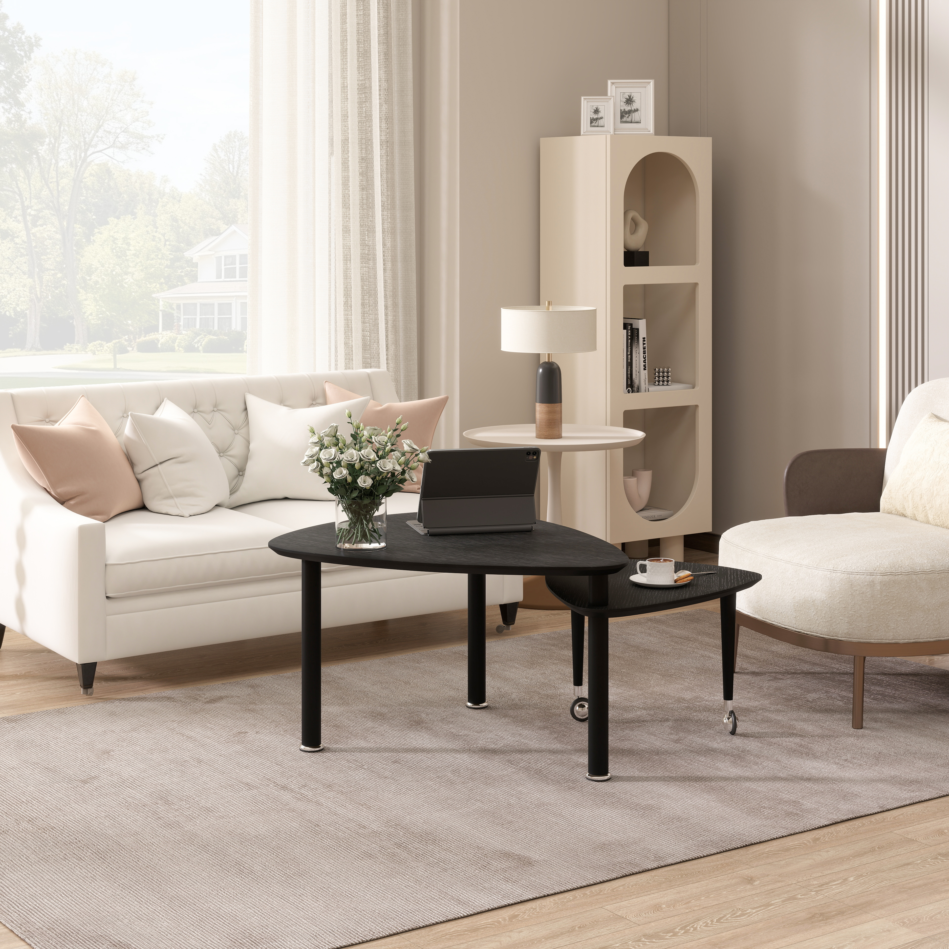 Mesa de centro moderna giratoria 360° con patas de madera maciza para sala
