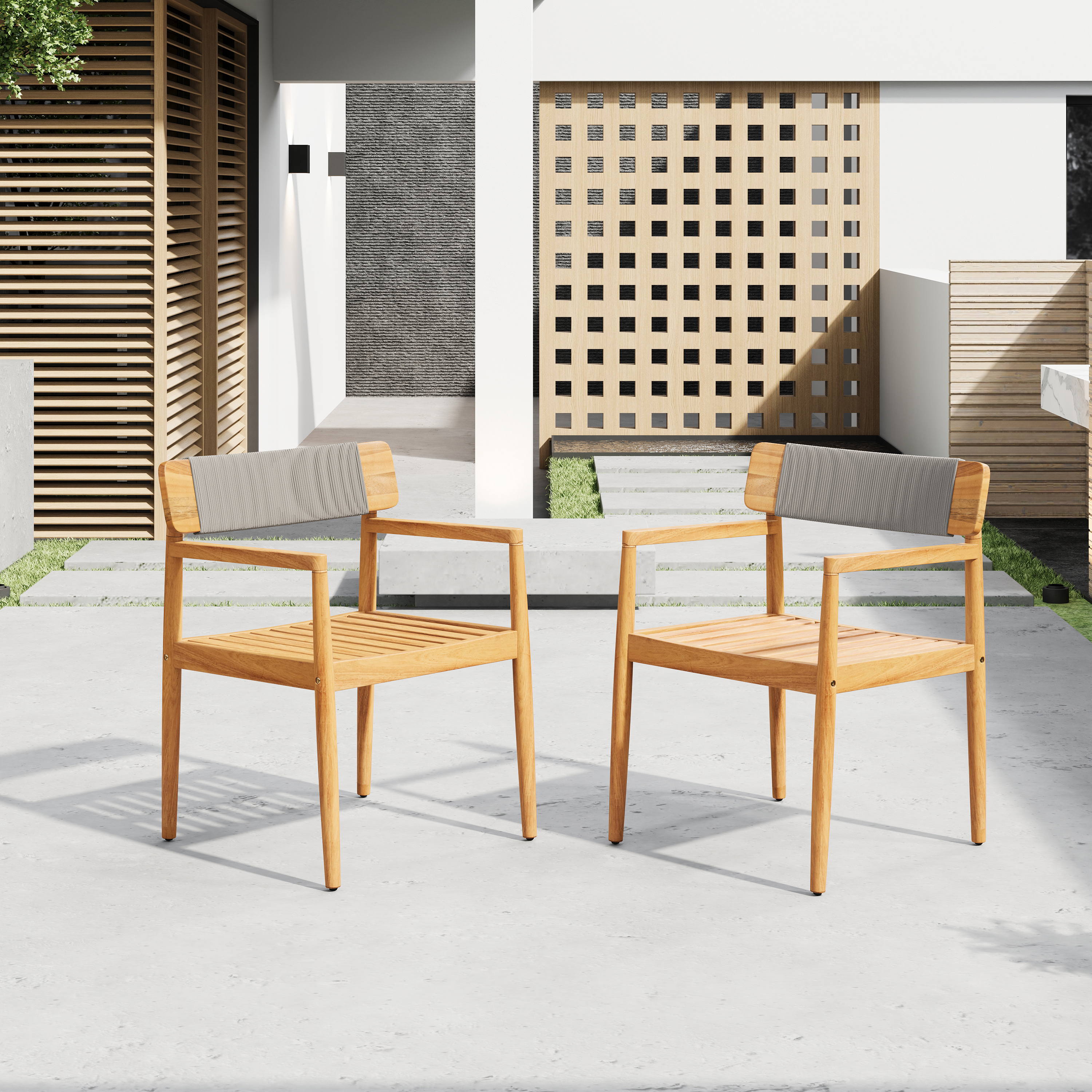 CREATIVE Sillas de comedor para exterior de madera de acacia trenzada, con reposabrazos, juego de 2.