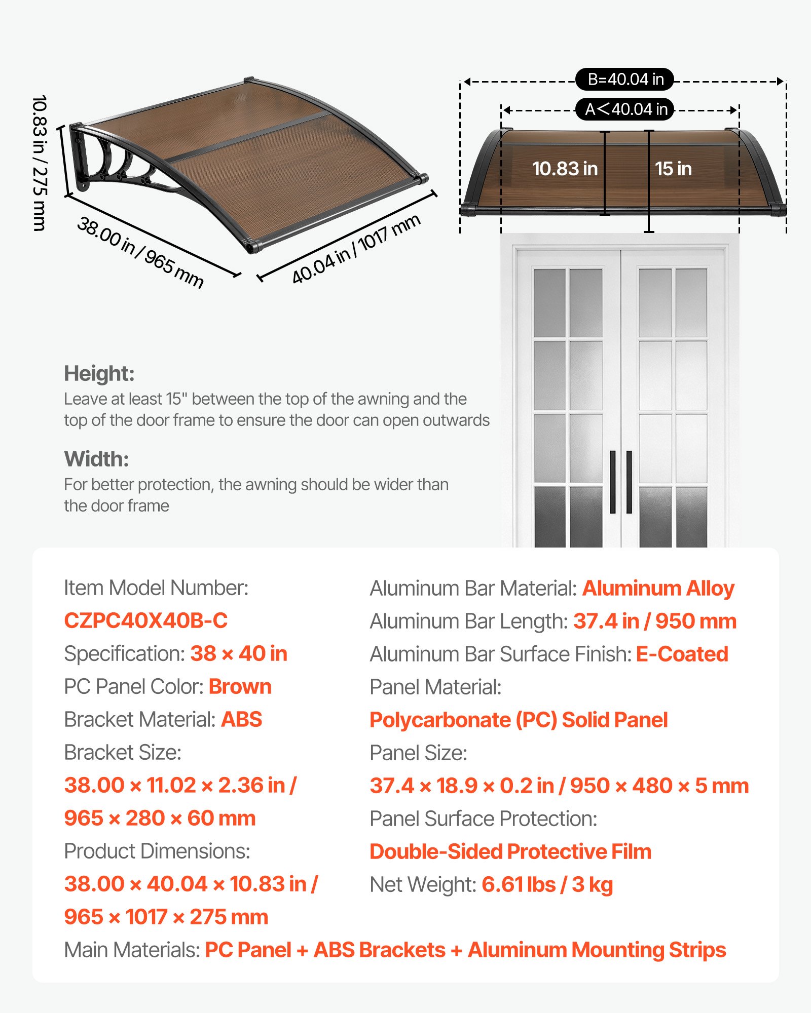 Awnings For Door Entrance, 38 X 40 In, Exterior Front Door Window Awnings With Drainage & ABS Bracket, Rain Snow Sun Protection, Overhang Polycarbonate Door Canopy For Porch Patio, Brown