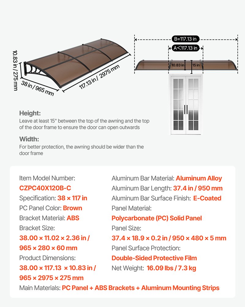 Awnings For Door Entrance, 38 X 117 In, Exterior Front Door Window Awnings With Drainage & ABS Bracket, Rain Snow Sun Protection, Overhang Polycarbonate Door Canopy For Porch Patio, Brown