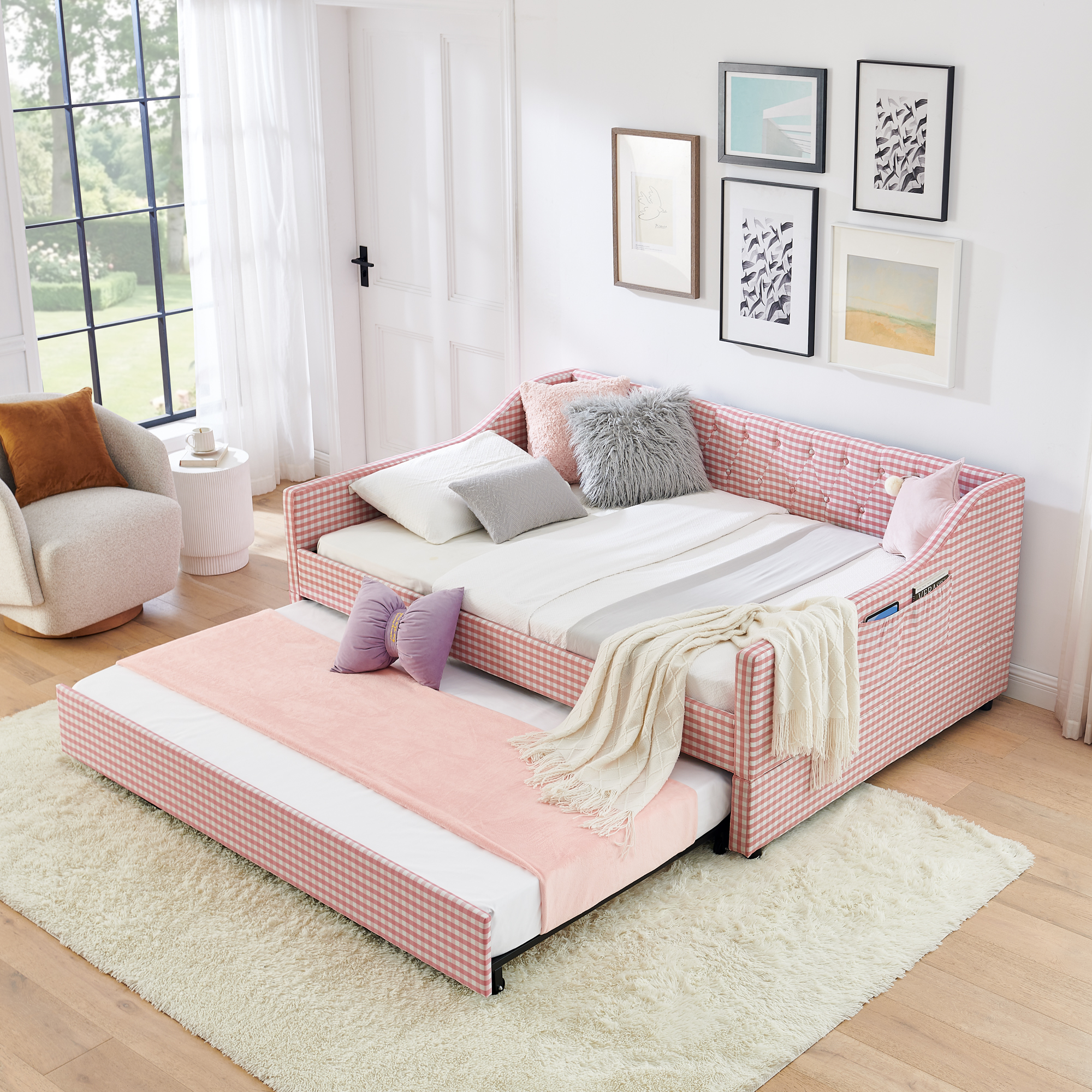 Sofá Cama Tapizado Convertible Matrimonial, Nido Extraíble, Almacenamiento, Rosa
