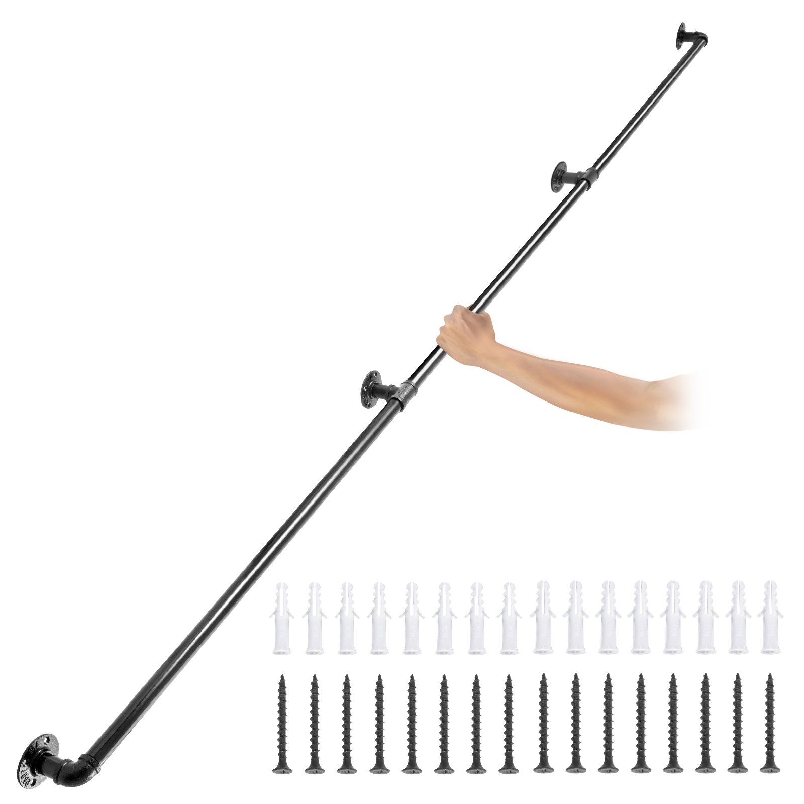 Pipe Stair Handrail, 9FT Staircase Handrail, 440LBS Load Capacity Carbon Steel Pipe Handrail, Industrial Pipe Handrail With Wall Mount Support, Round Corner Wall Handrailings For Indoor, Outdoor