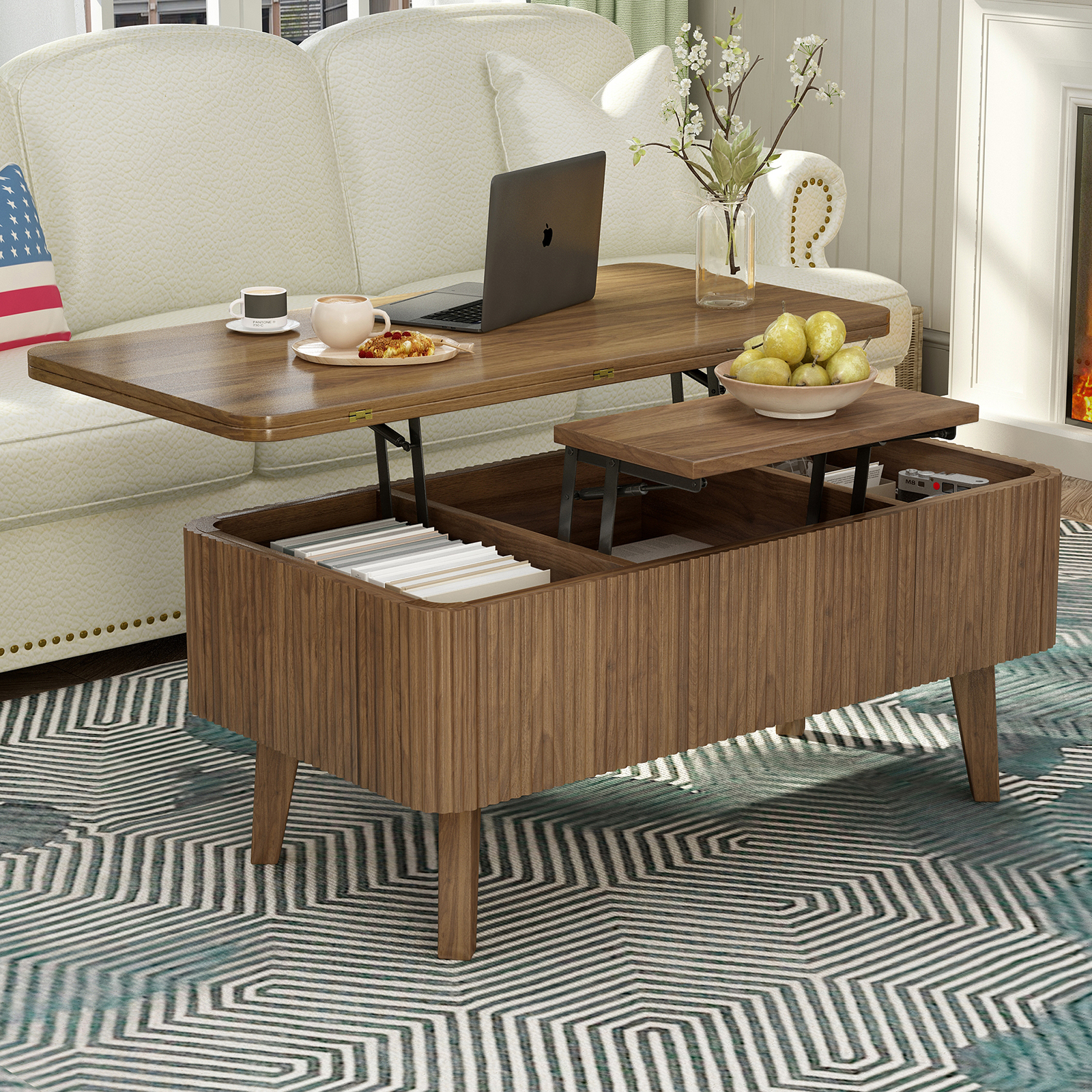 Mesa de centro 3 en 1 elevable, convertible a comedor, de madera con almacenamiento.