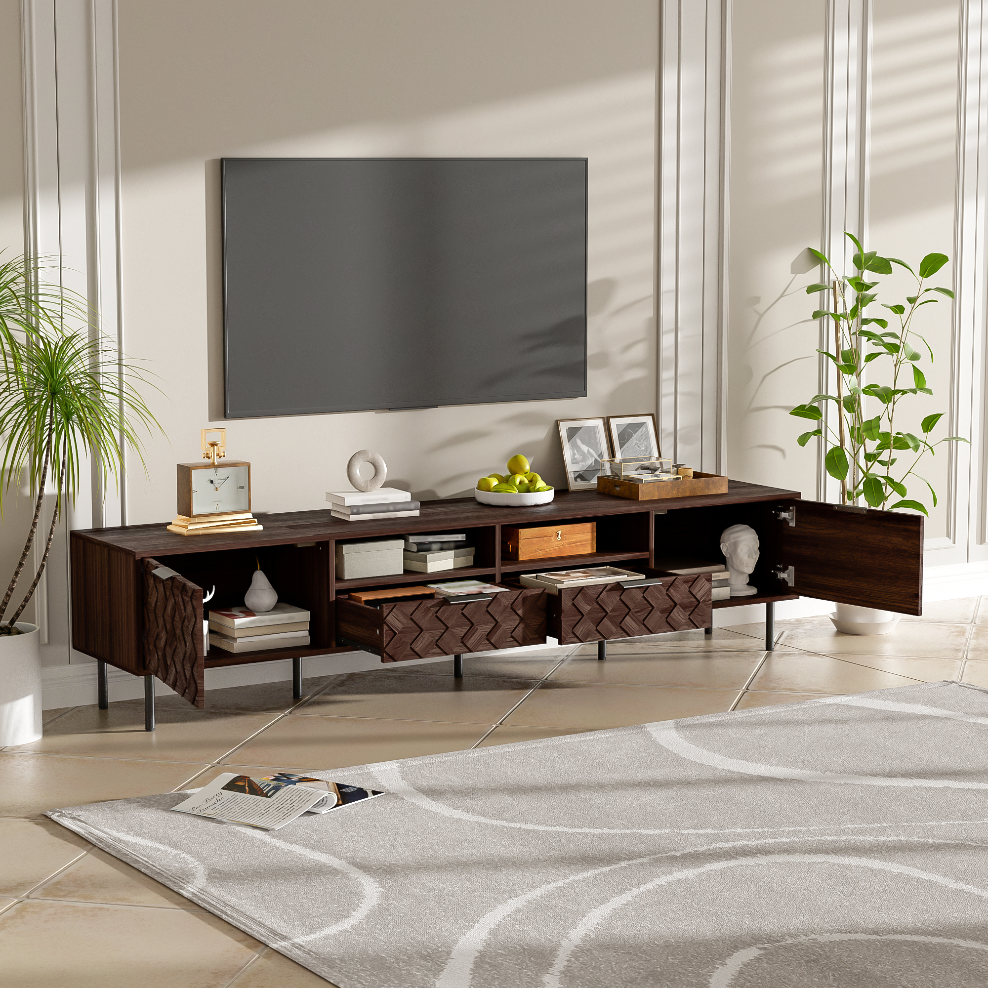 Mueble de TV moderno de 78 pulgadas con almacenamiento cerrado y patas de hierro
