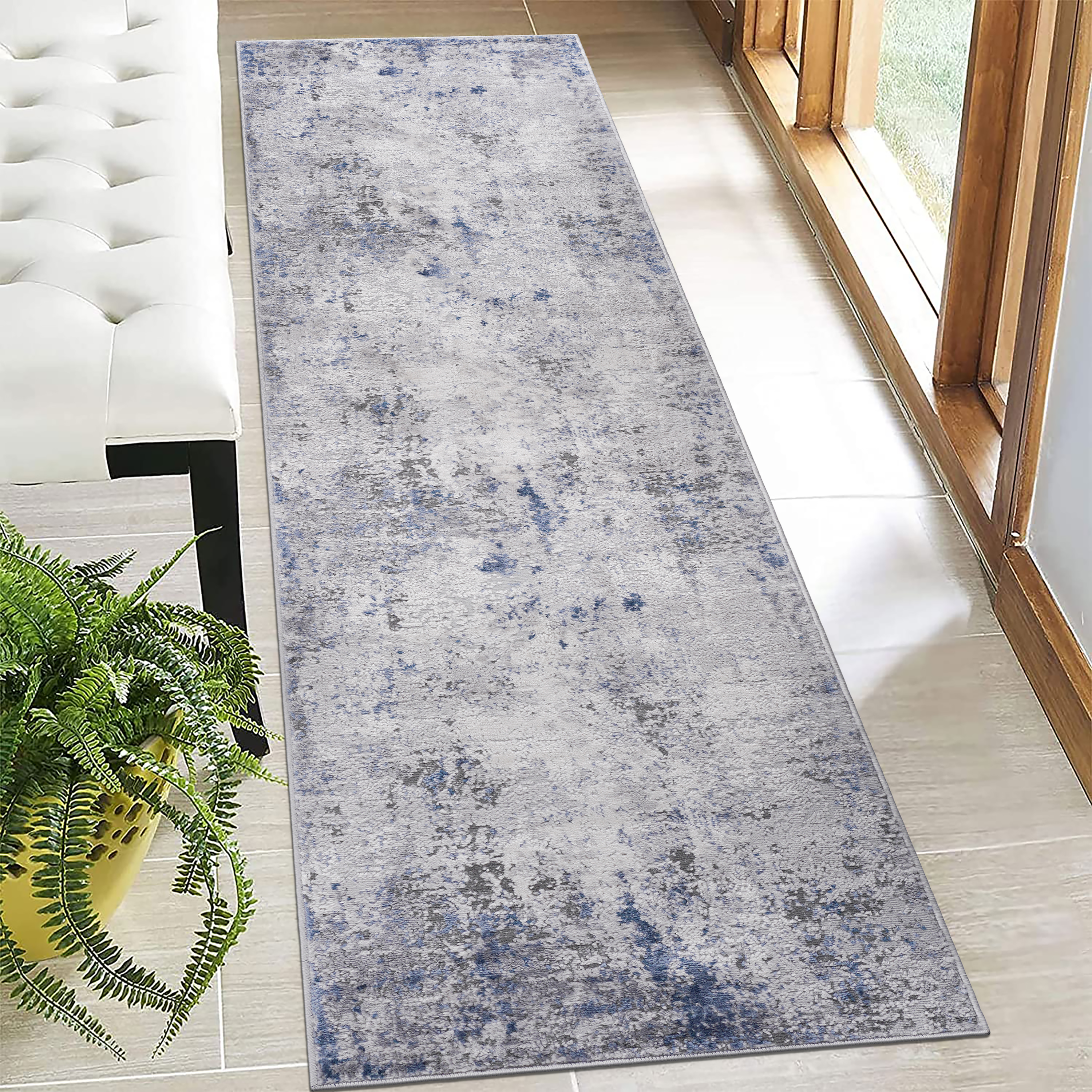MARFI 2X8 Silver  Blue  Abstract Runner Rug